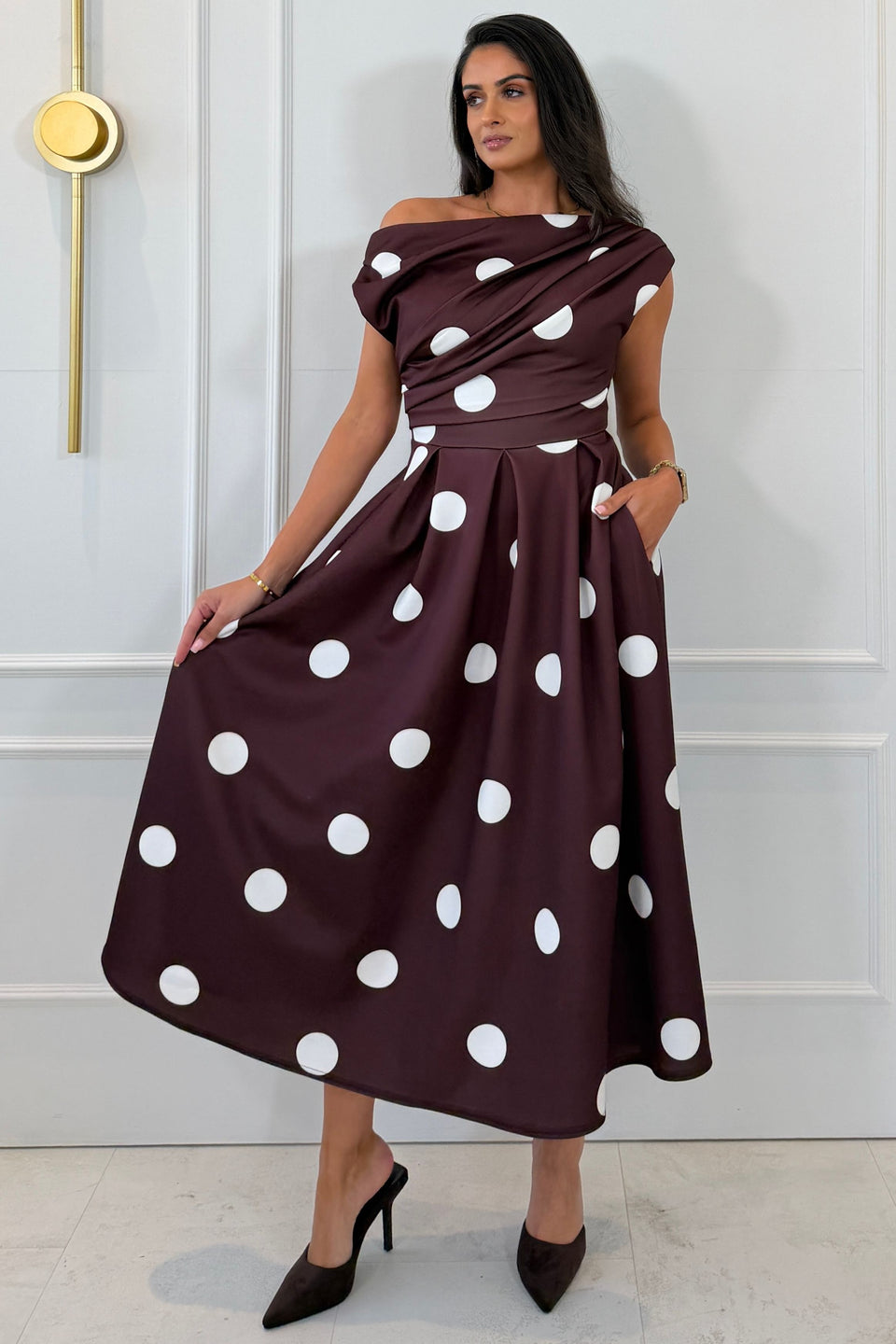 Betty Asymmetric Neckline Skater Midi Large Brown Polka