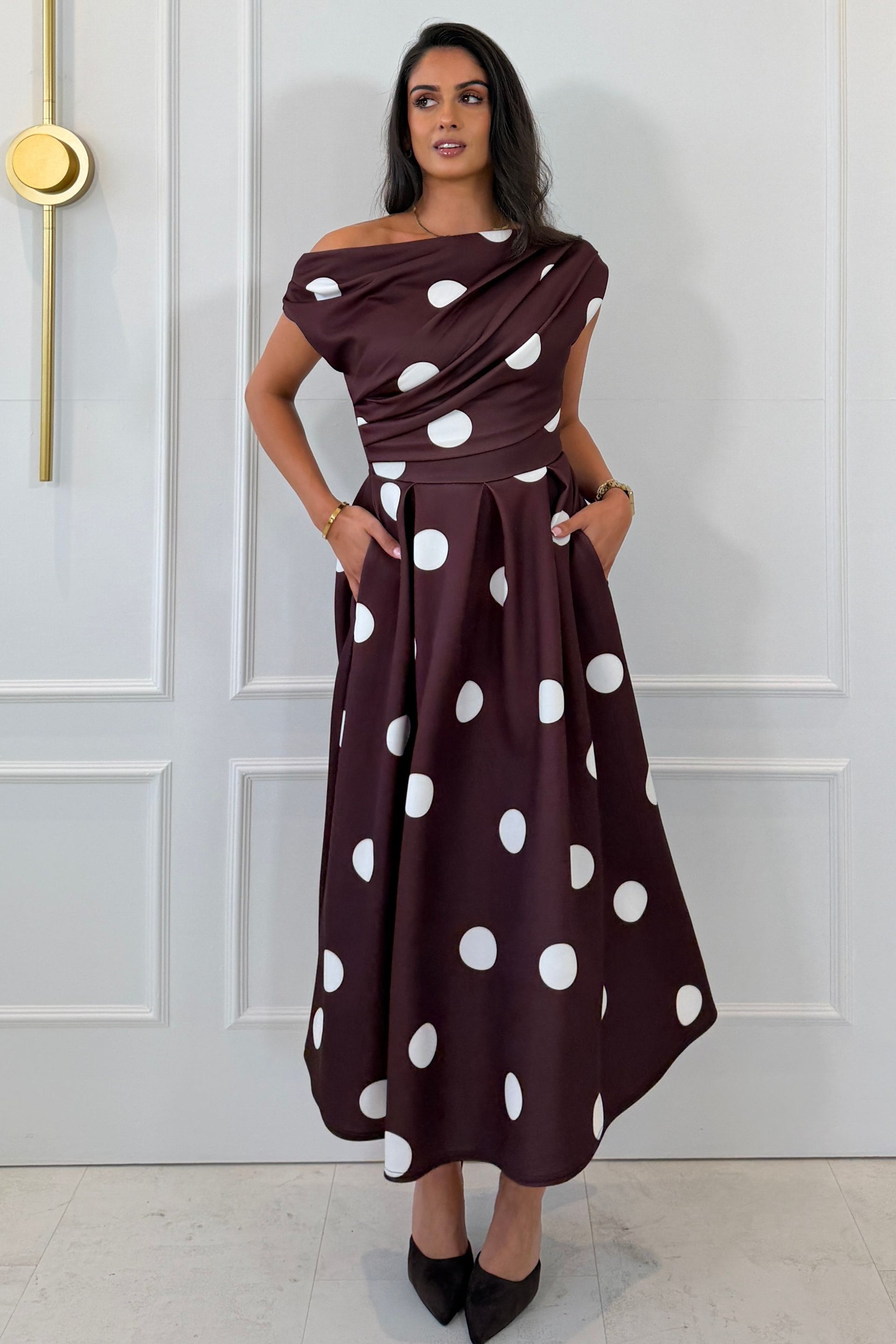 Betty Asymmetric Neckline Skater Midi Large Brown Polka