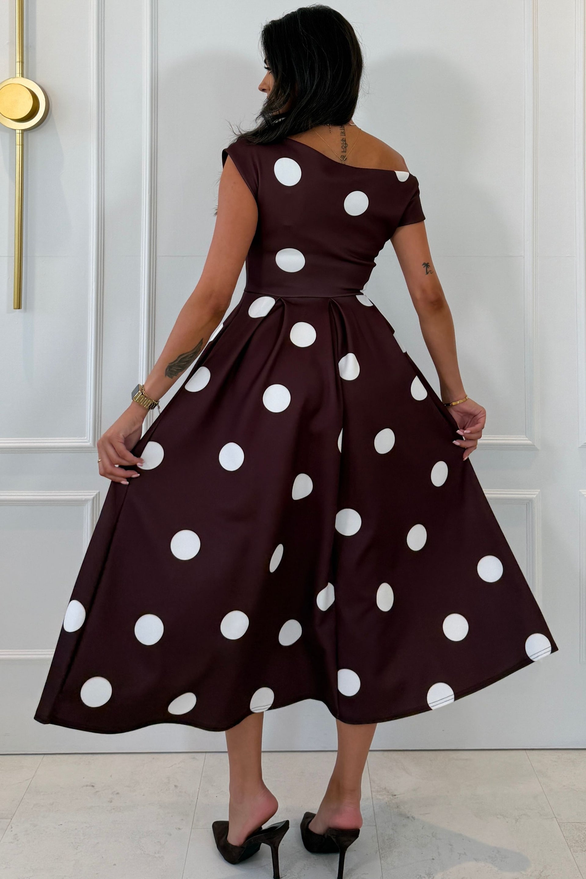Betty Asymmetric Neckline Skater Midi Large Brown Polka