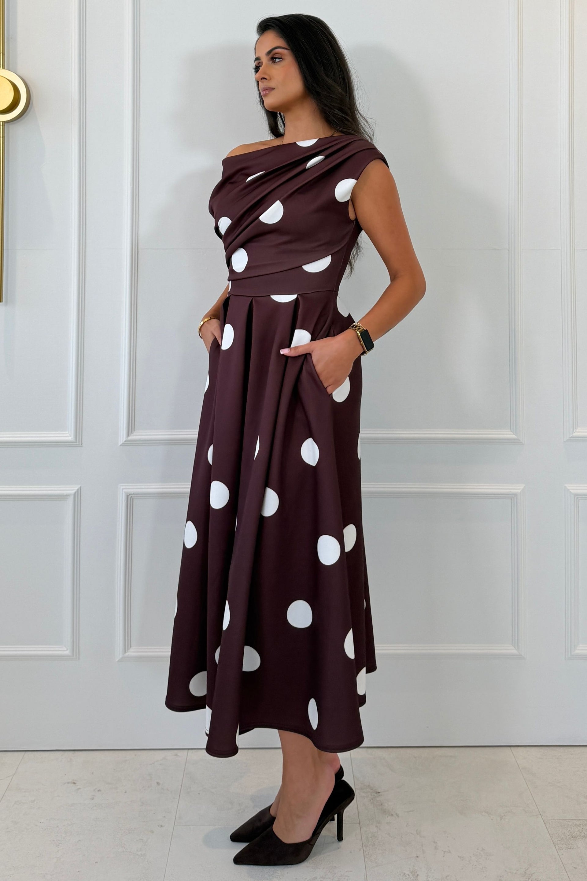 Betty Asymmetric Neckline Skater Midi Large Brown Polka