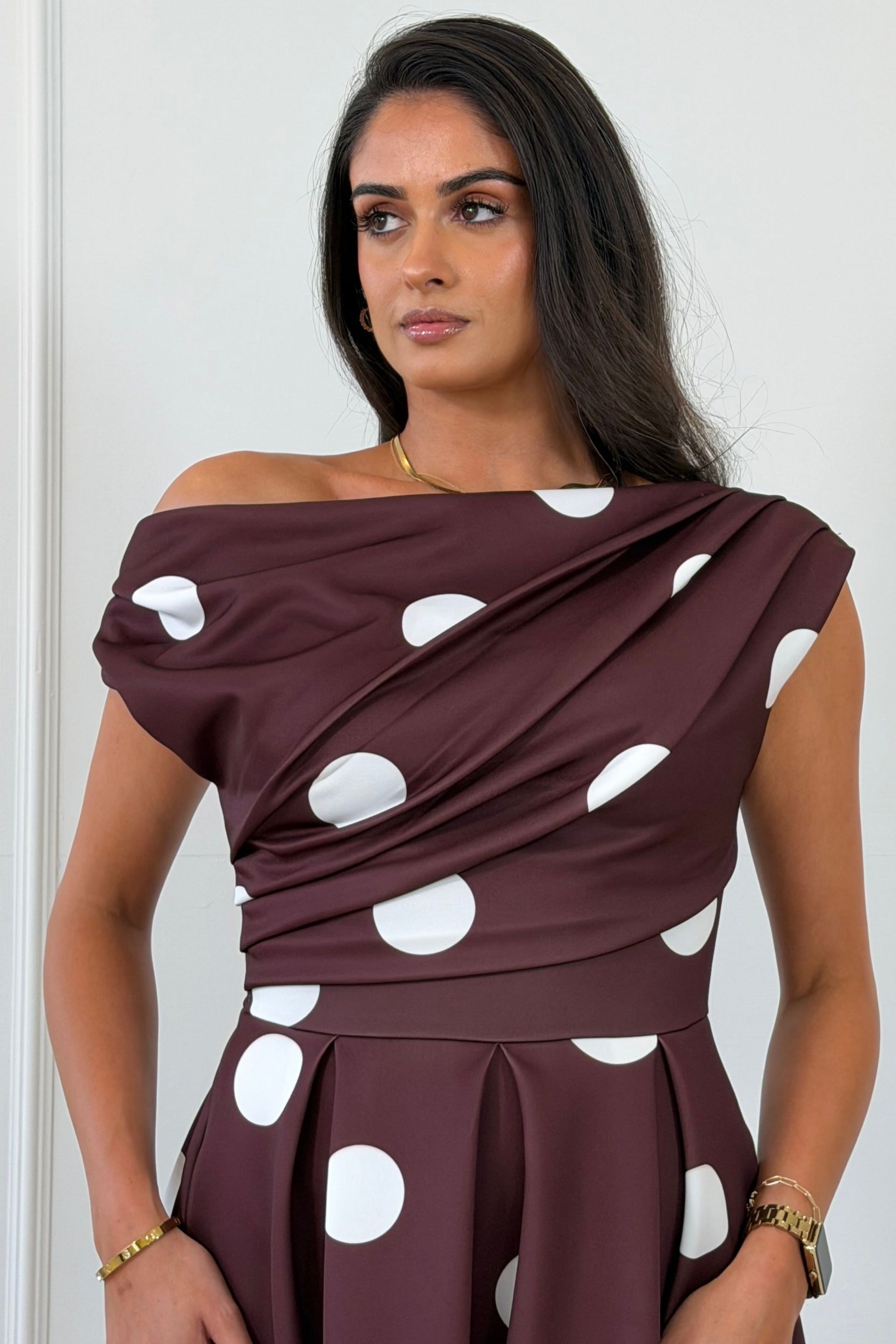 Betty Asymmetric Neckline Skater Midi Large Brown Polka
