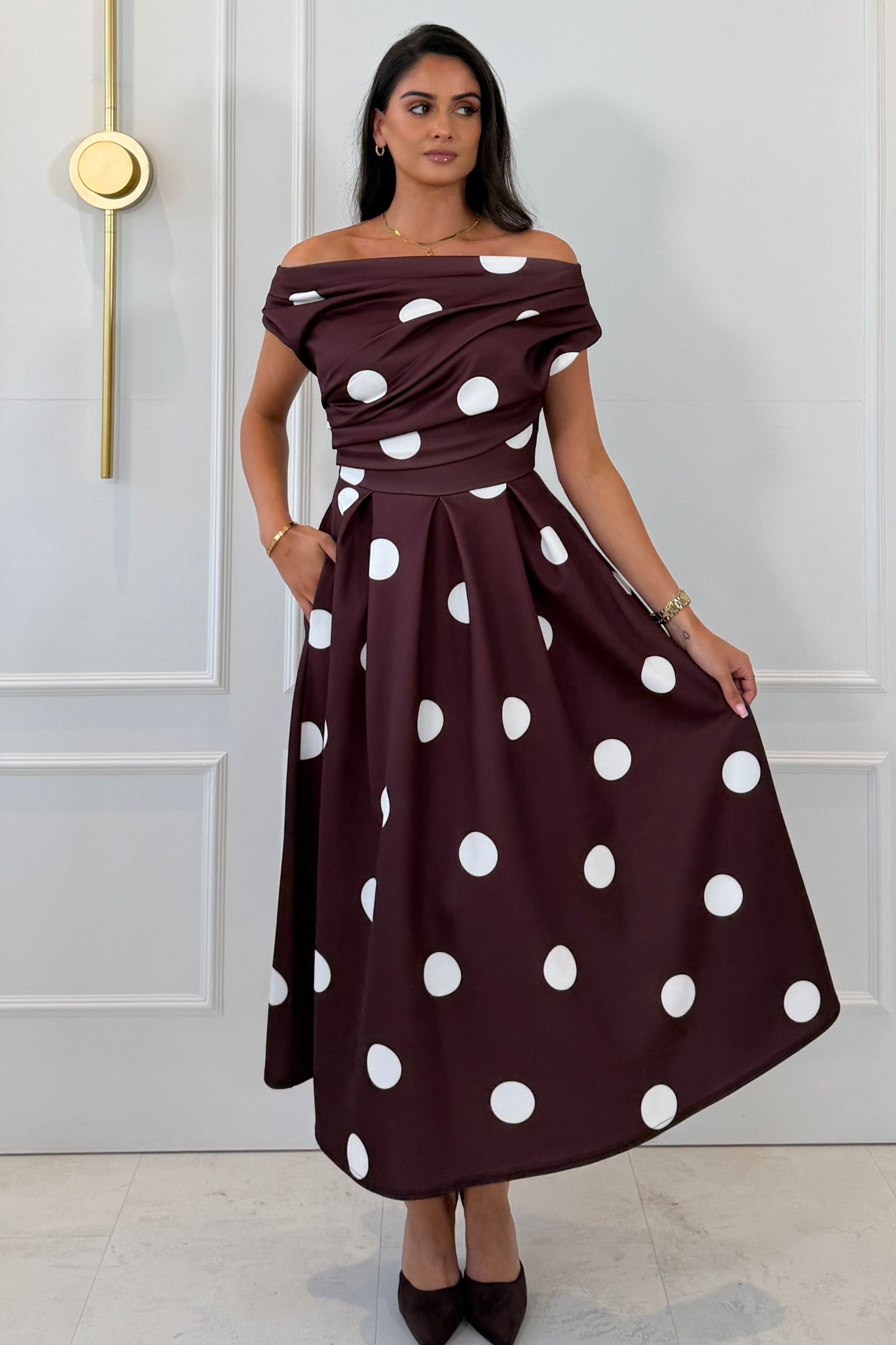 Betty Asymmetric Neckline Skater Midi Large Brown Polka