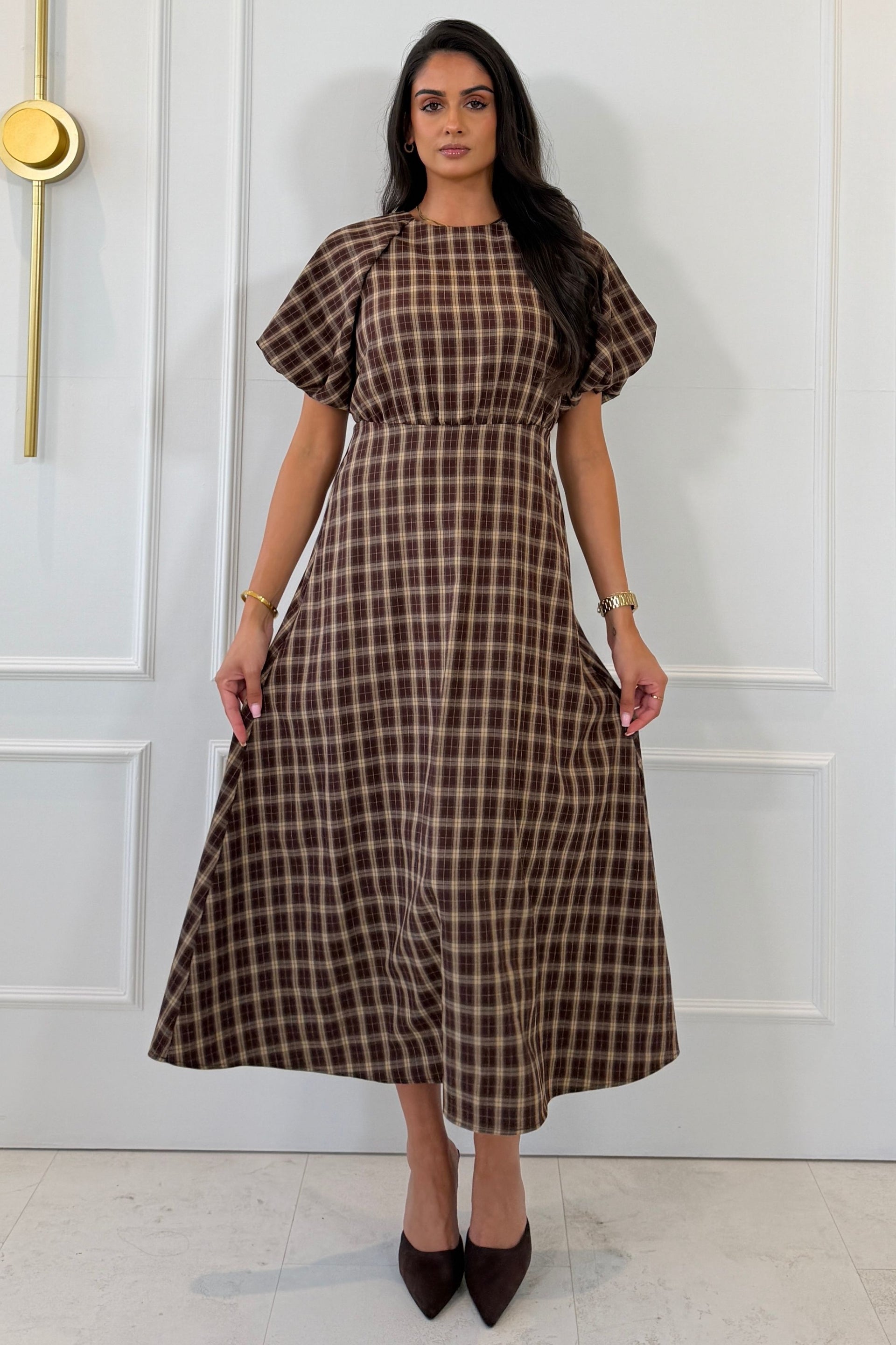 Thea Check Puff Sleeve Maxi Dress Brown