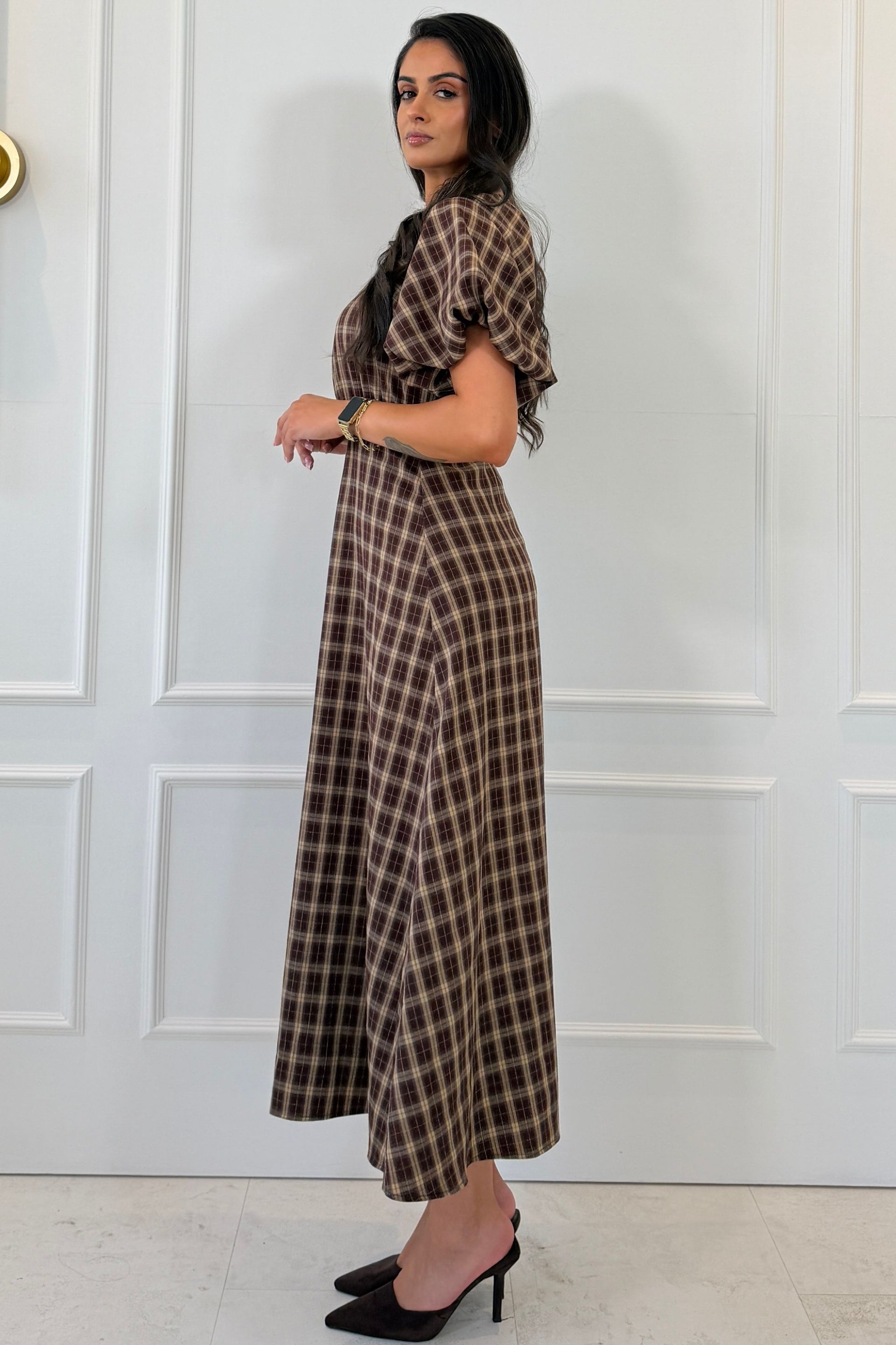 Thea Check Puff Sleeve Maxi Dress Brown