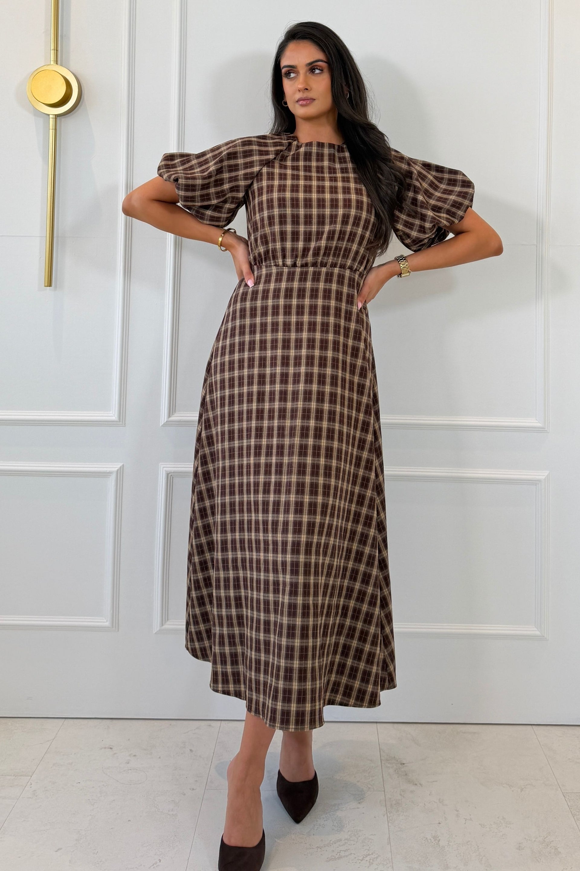 Thea Check Puff Sleeve Maxi Dress Brown