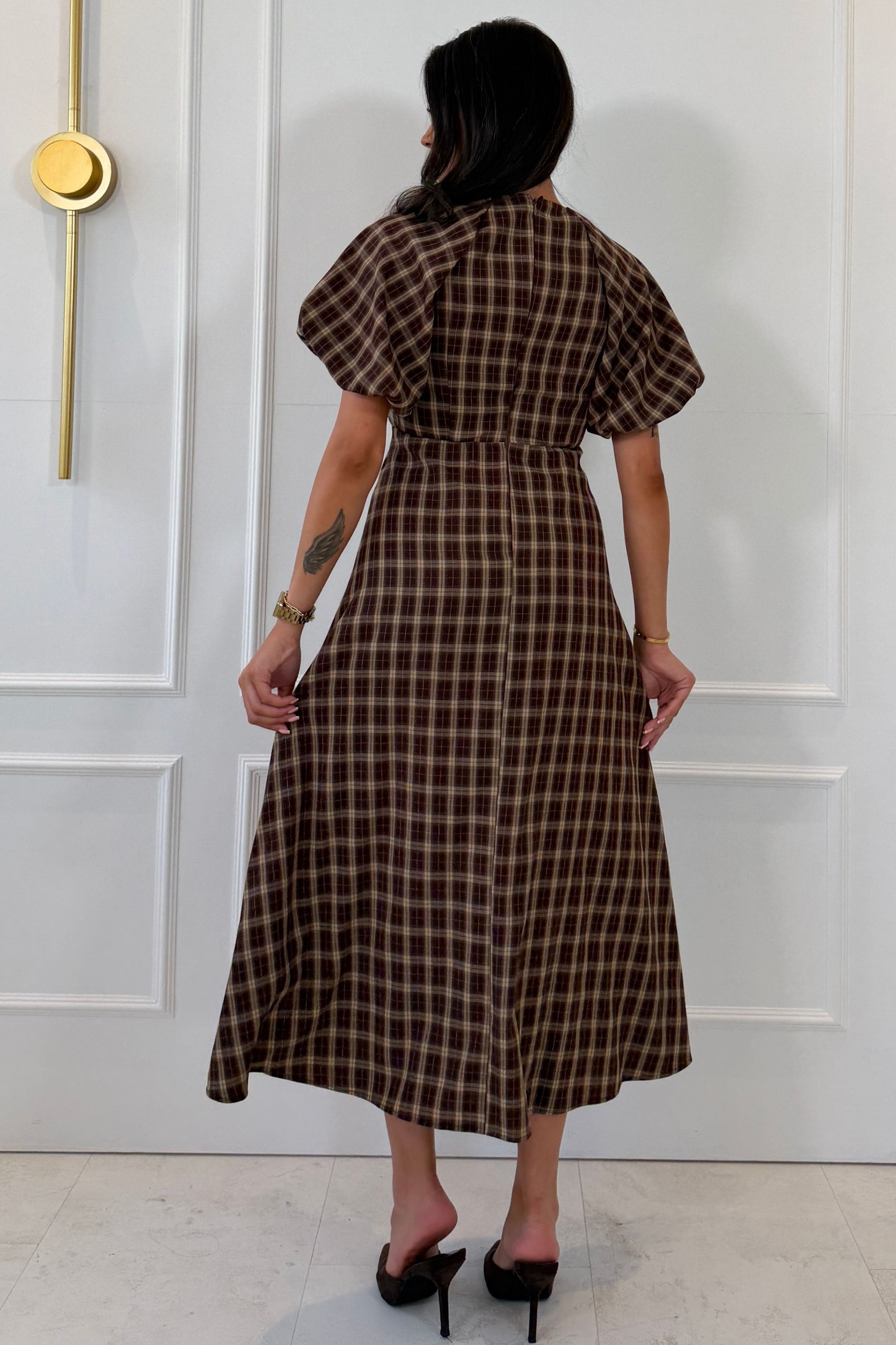 Thea Check Puff Sleeve Maxi Dress Brown