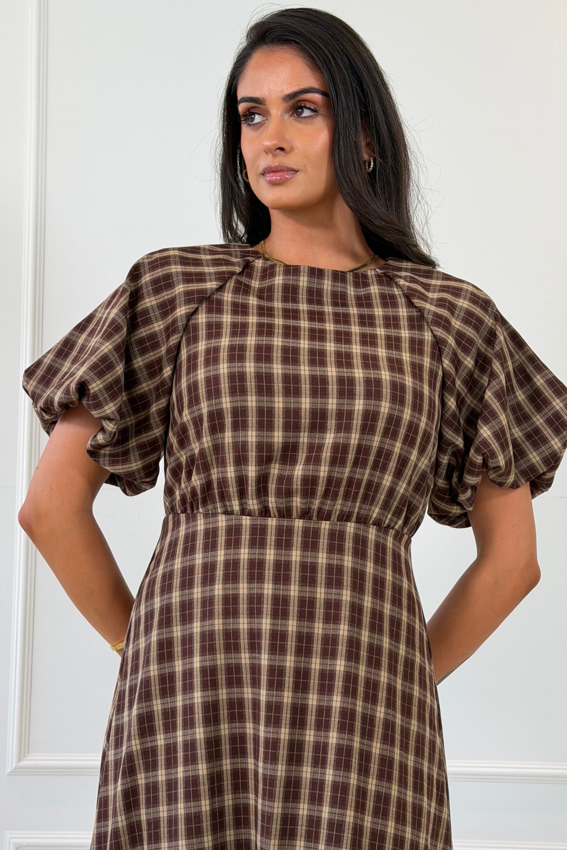 Thea Check Puff Sleeve Maxi Dress Brown