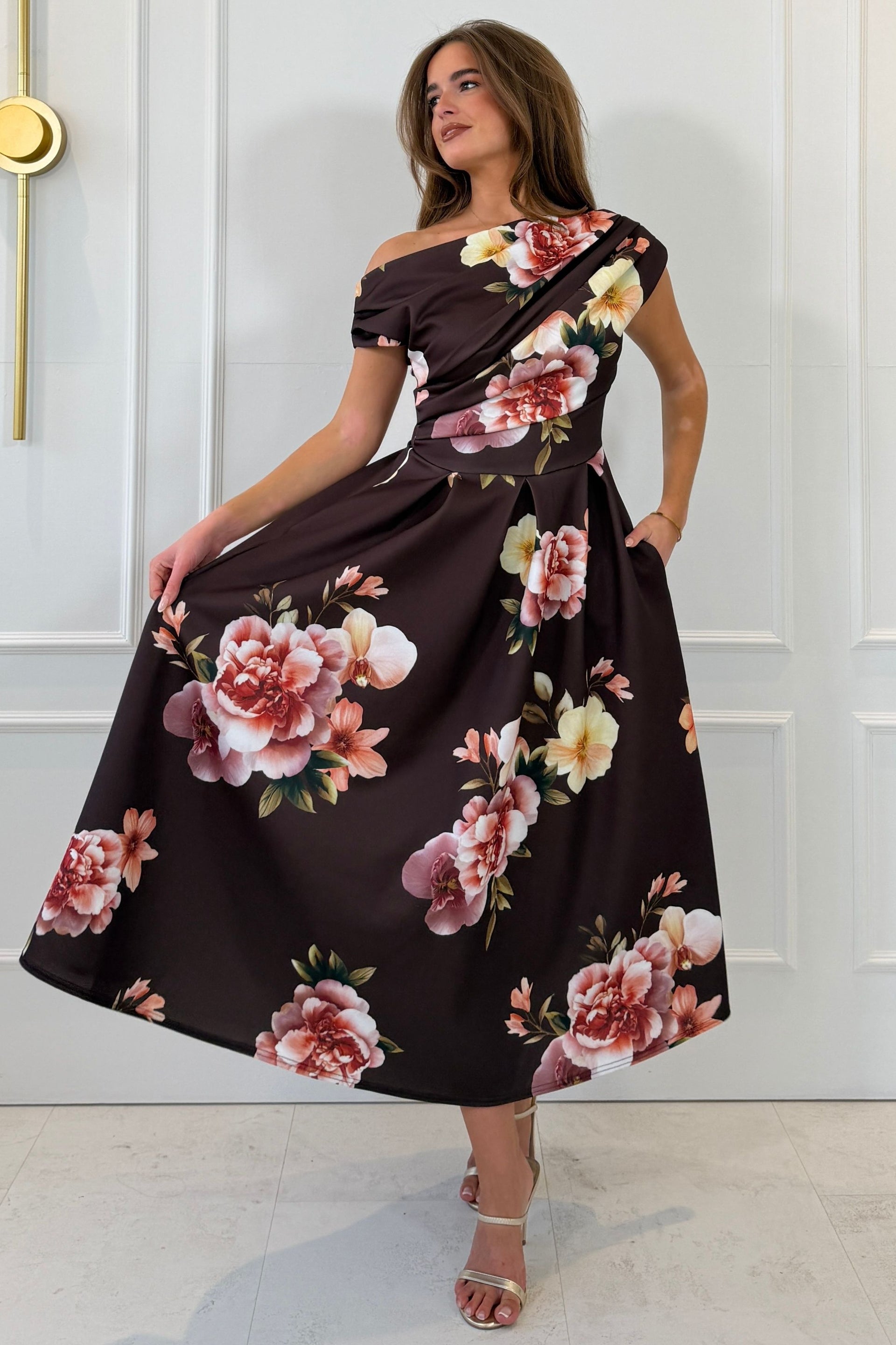 Betty Asymmetric Neckline Skater Midi Brown Floral