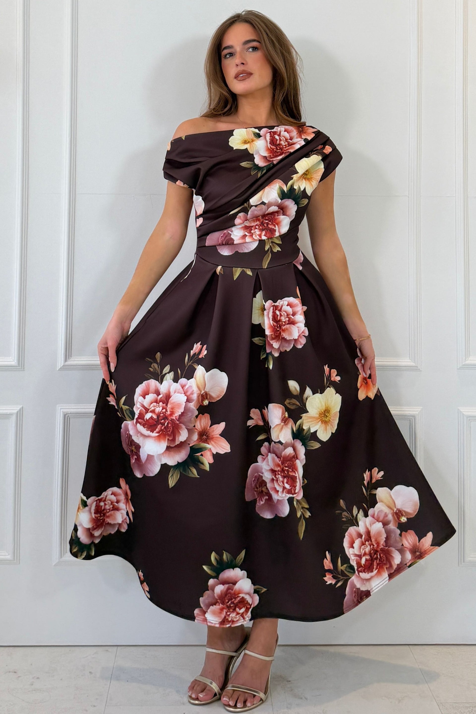 Betty Asymmetric Neckline Skater Midi Brown Floral