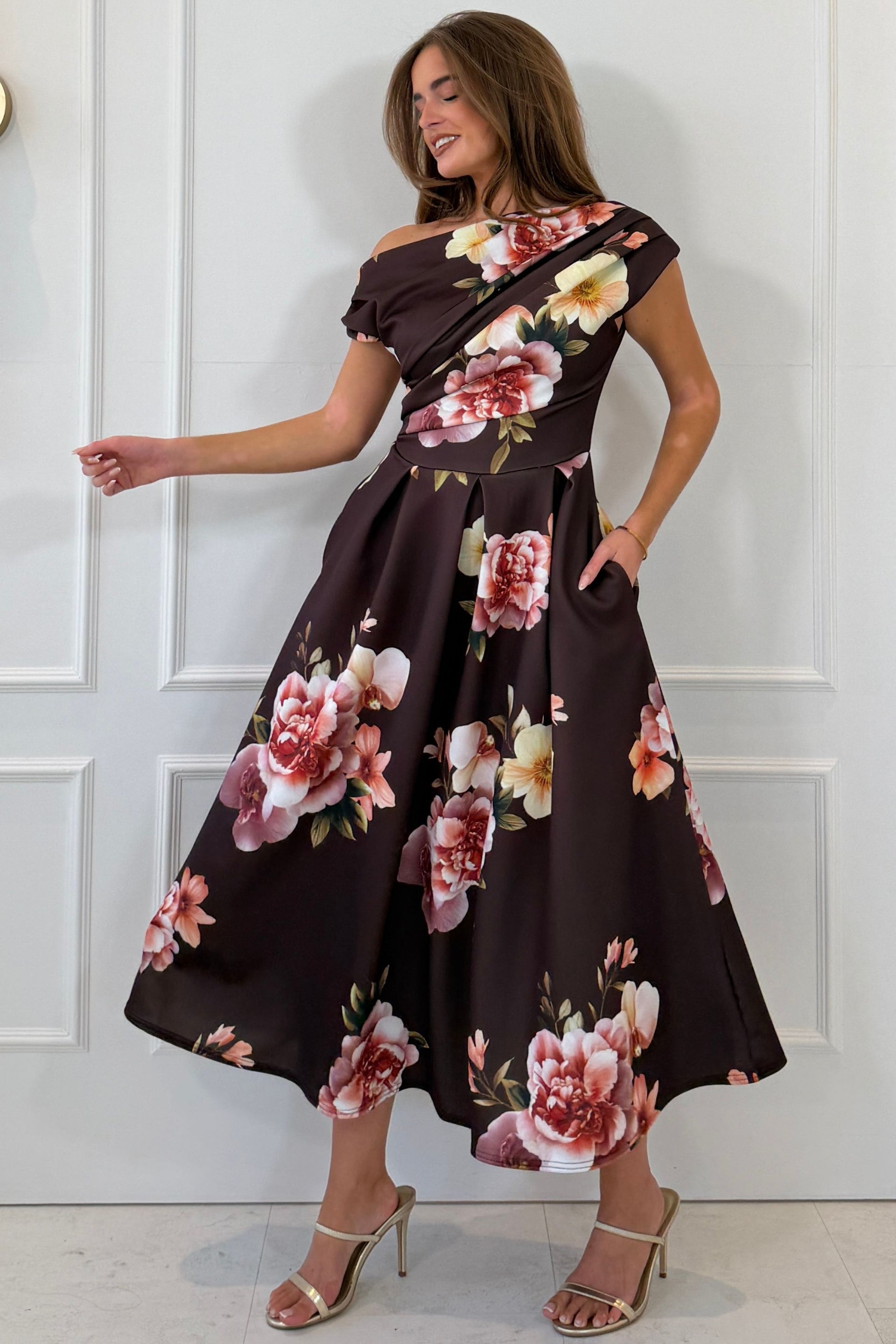 Betty Asymmetric Neckline Skater Midi Brown Floral