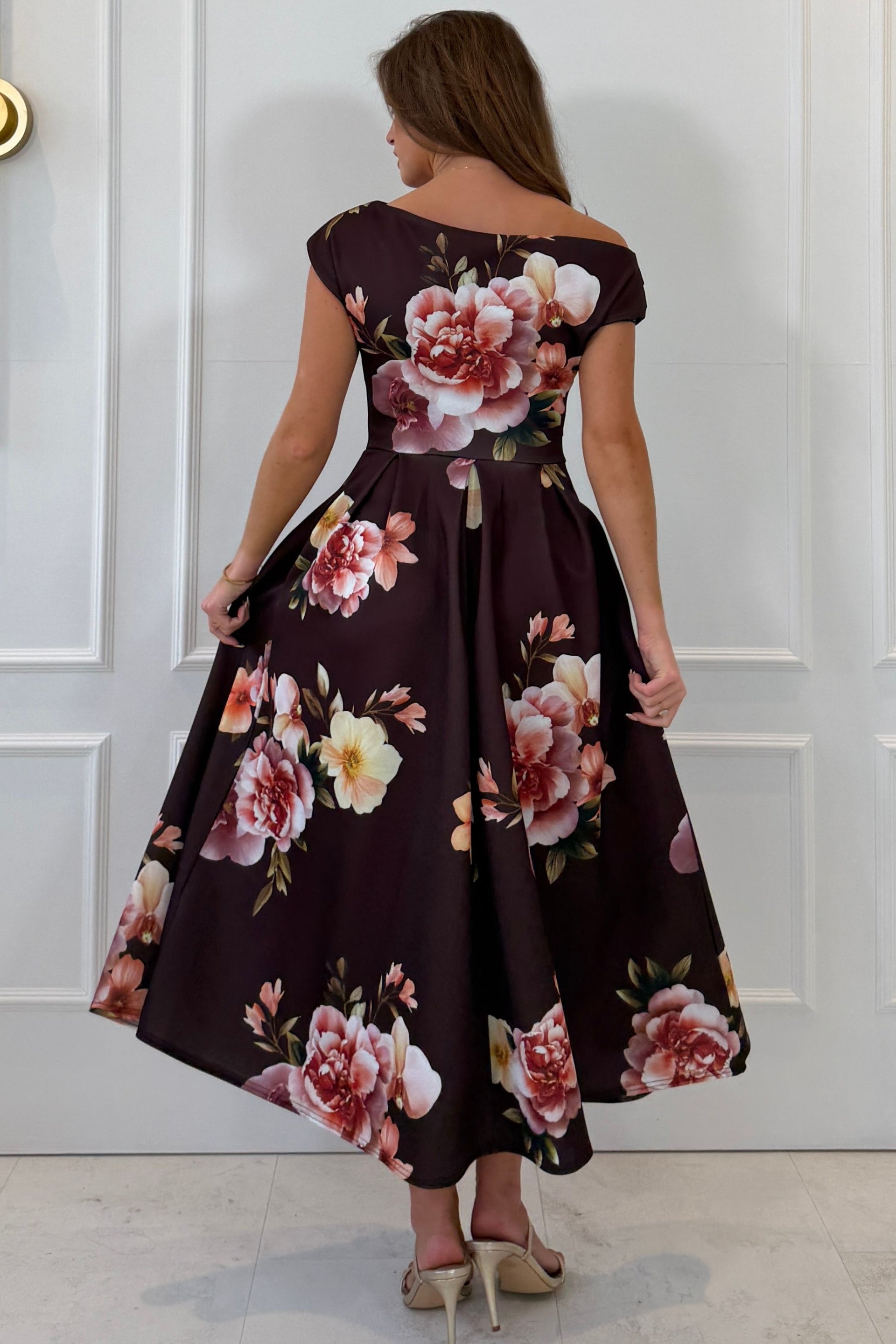 Betty Asymmetric Neckline Skater Midi Brown Floral