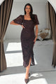 Heidi Brown Lace Ruched Midi Dress