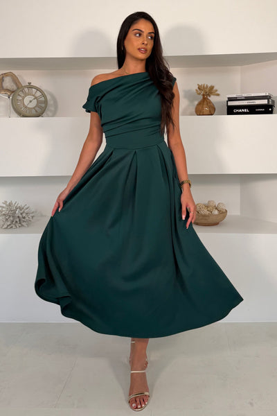 emerald green skater dress Betty Asymmetric Neckline Midi – Girl In Mind june-2026