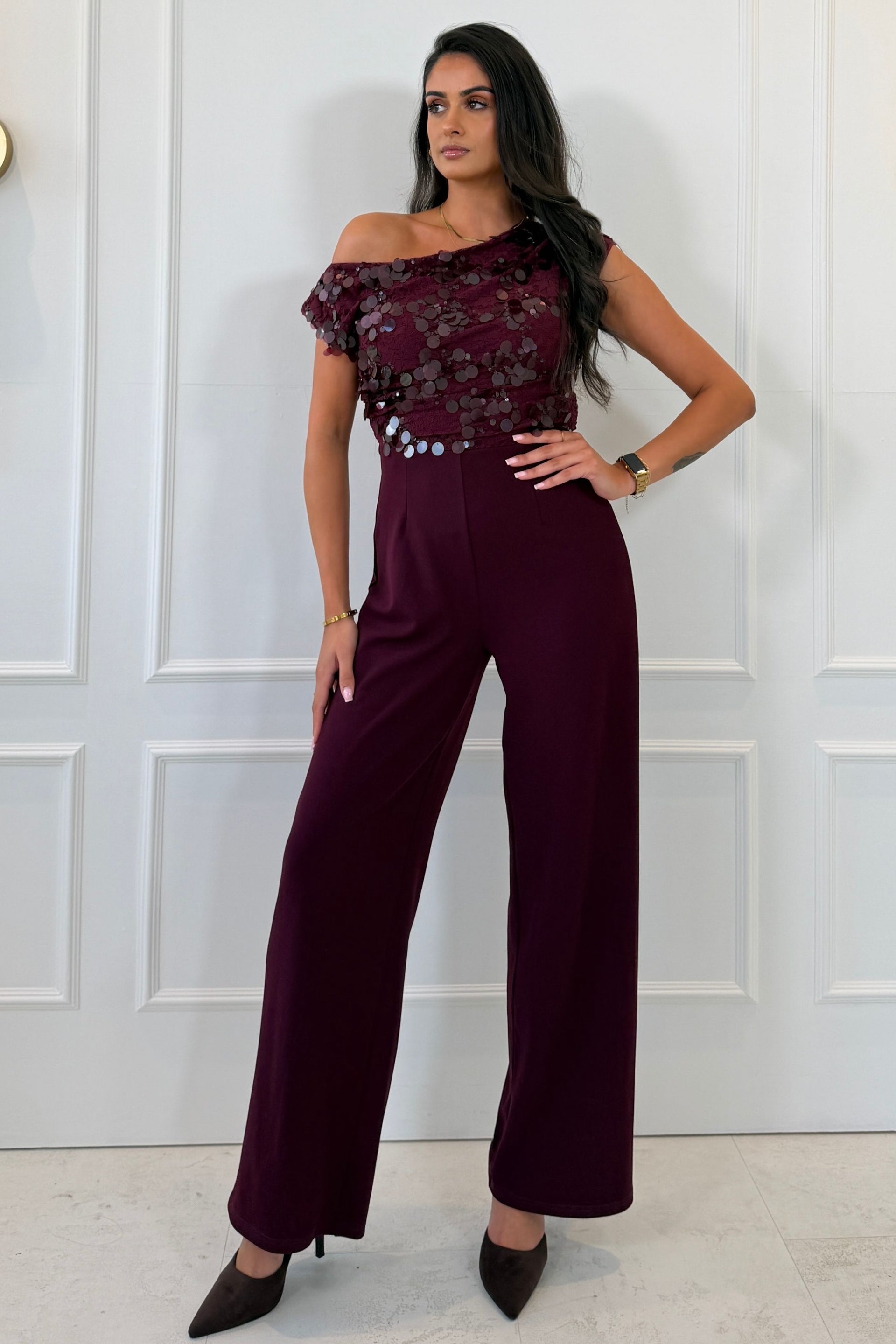Camille Sequin Off Shoulder Jumpsuit Burgundy