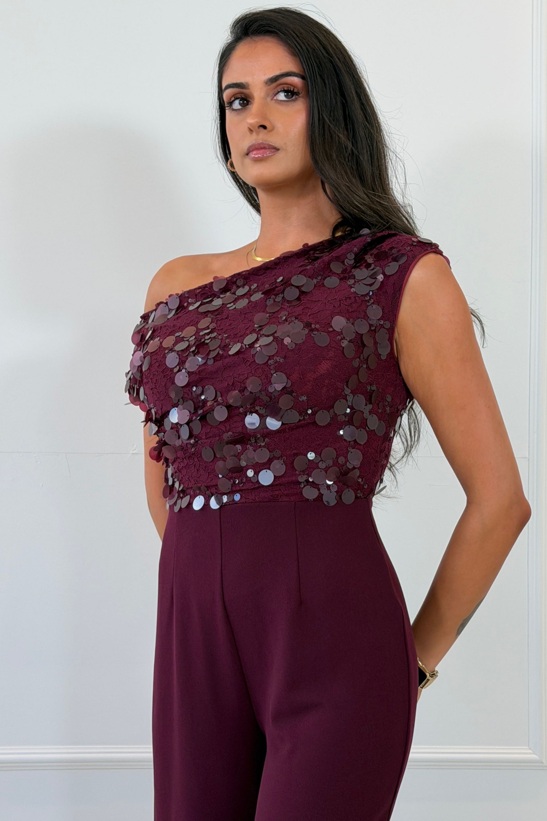 Camille Sequin Off Shoulder Jumpsuit Burgundy