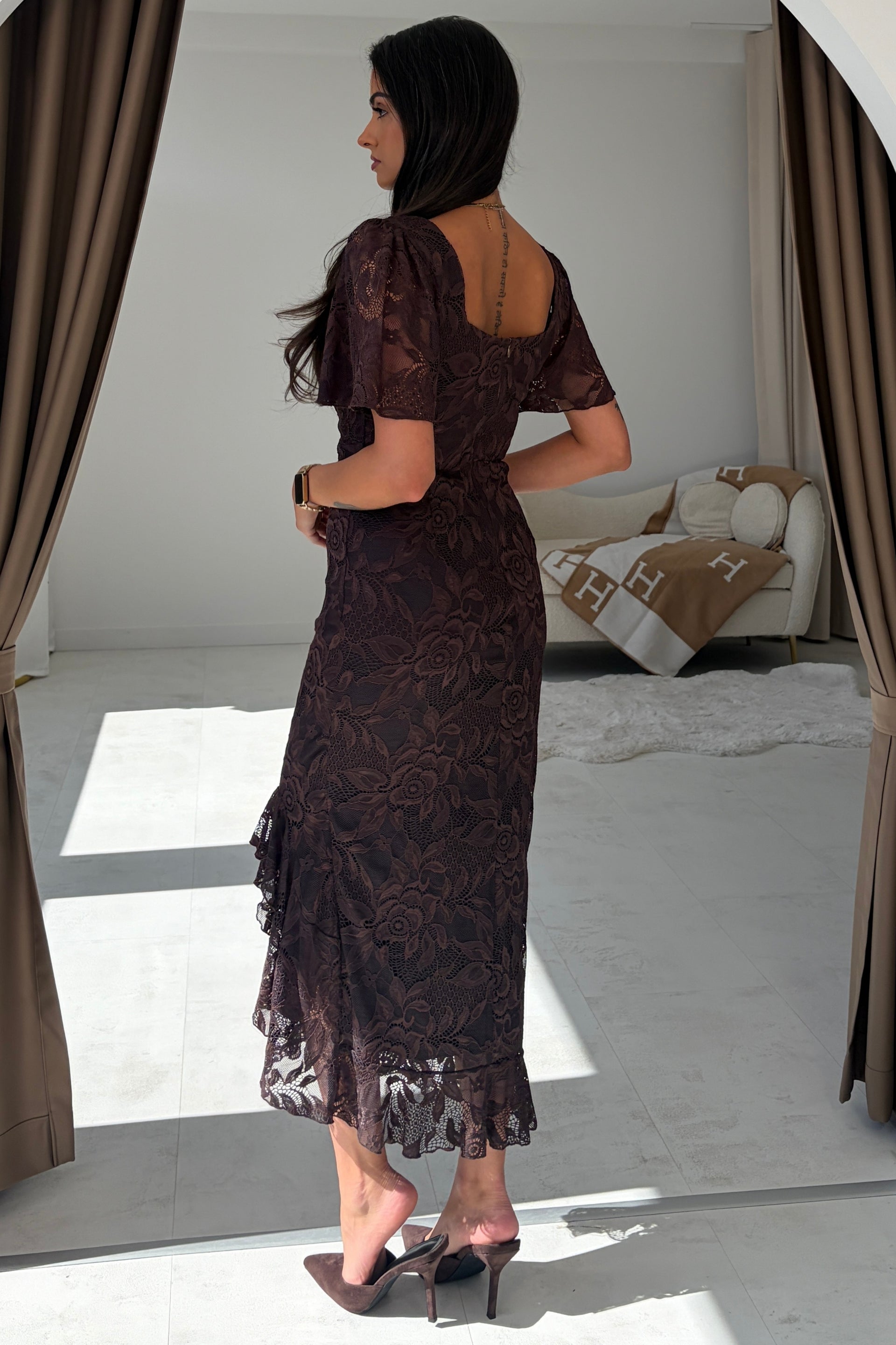 Heidi Brown Lace Ruched Midi Dress