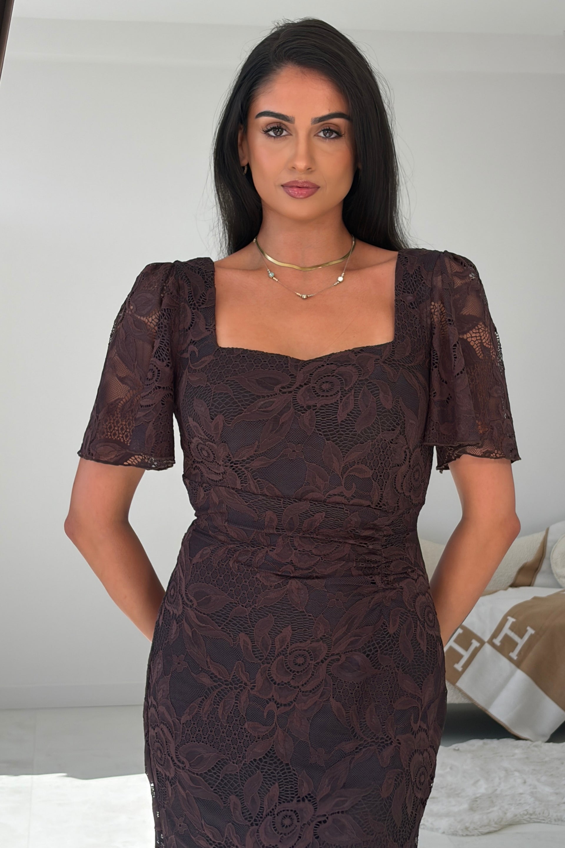 Heidi Brown Lace Ruched Midi Dress