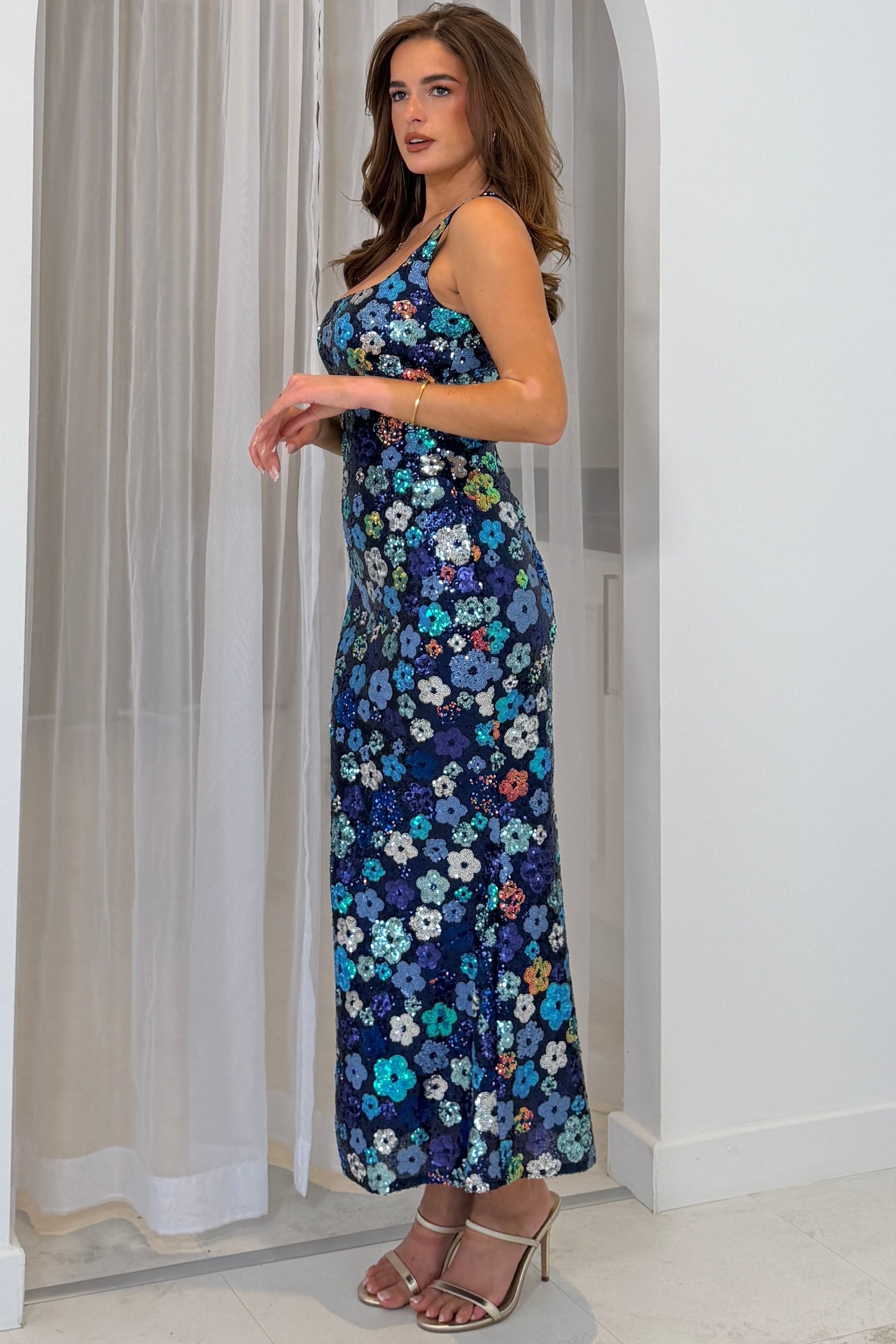 Lisbon Square Neck Navy Sequin Midi Dress