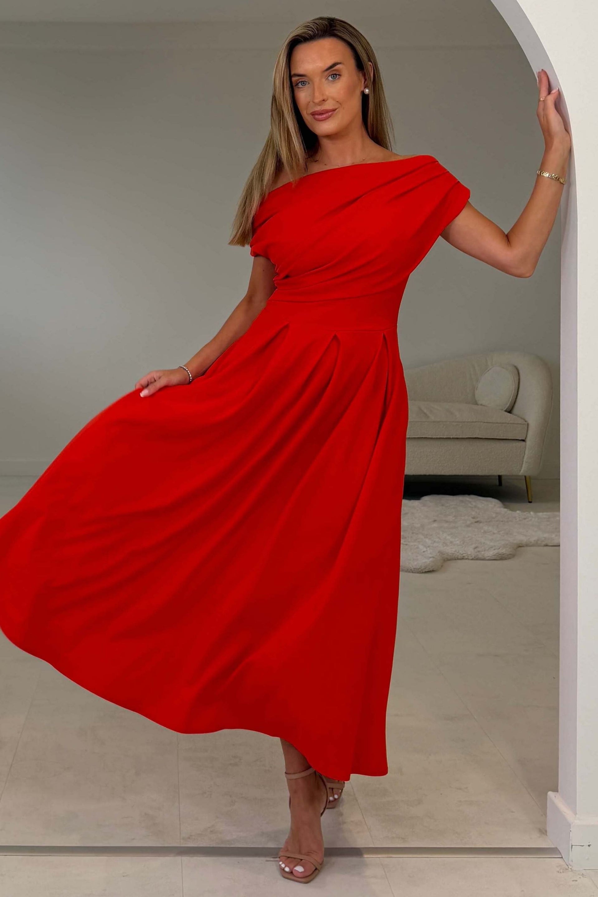 Dollie Asymmetric Neckline Skater Midi Dress Red