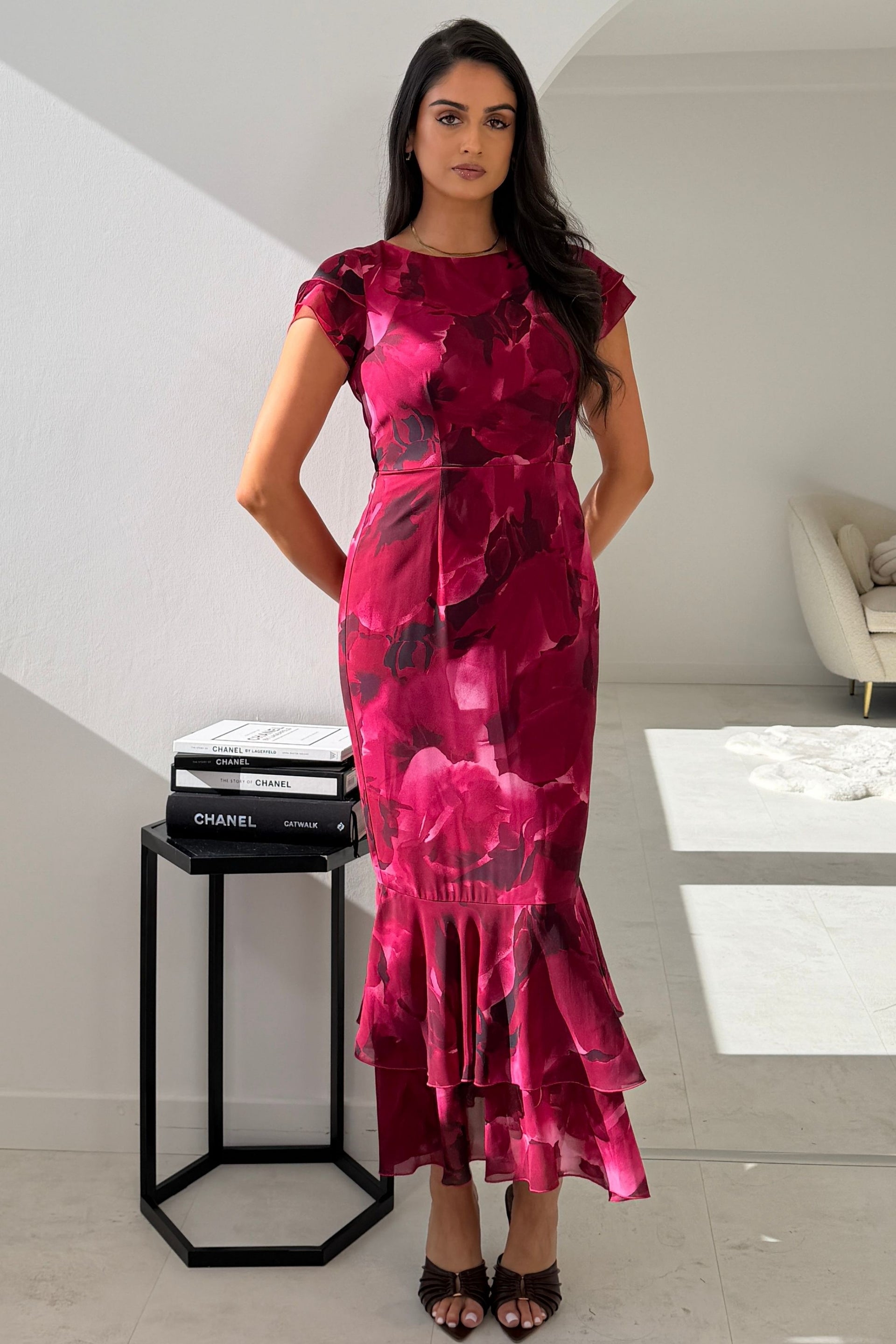 Roxy Boat Neck Abstract Print Frill Midi Pink
