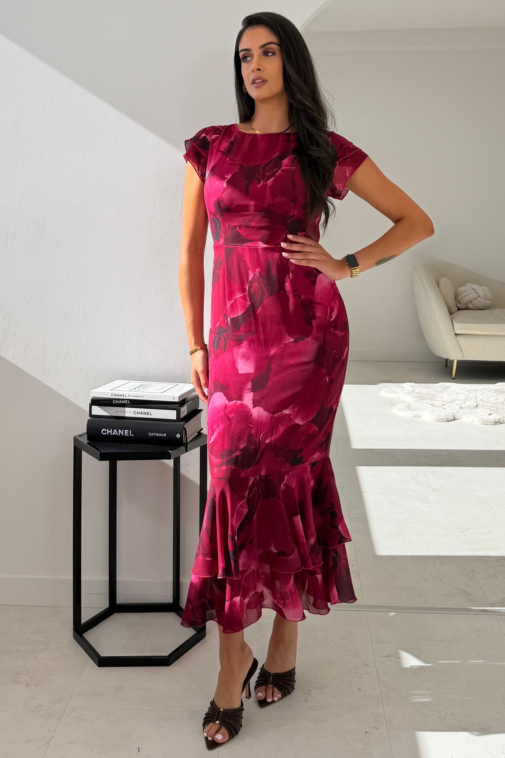 Roxy Boat Neck Abstract Print Frill Midi Pink