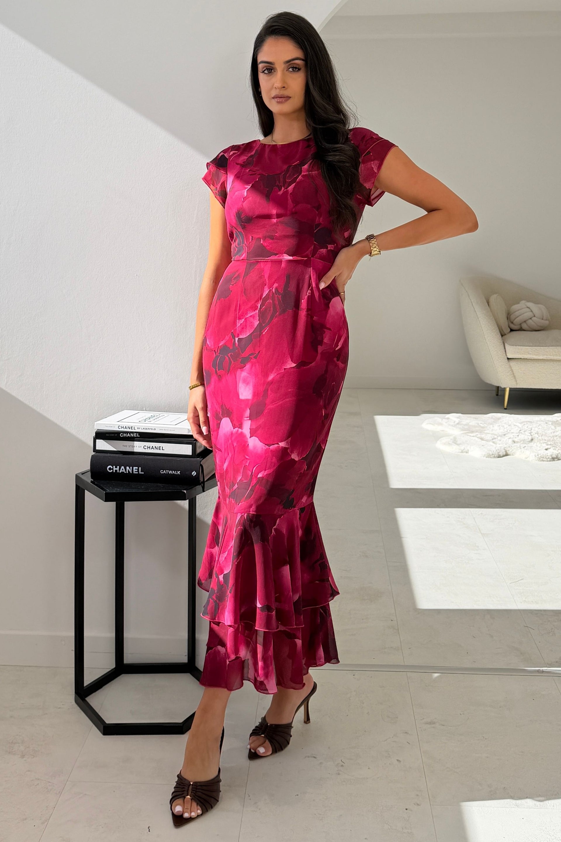 Roxy Boat Neck Abstract Print Frill Midi Pink