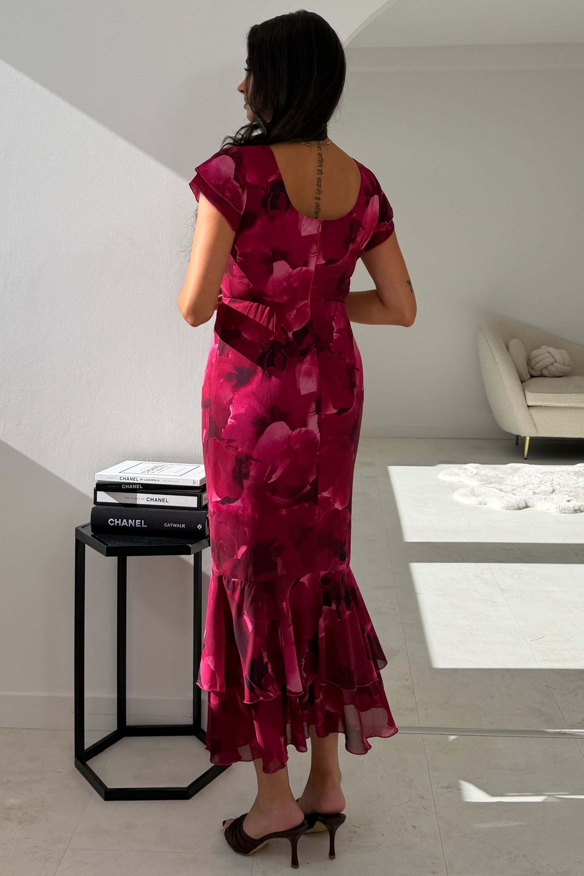 Roxy Boat Neck Abstract Print Frill Midi Pink