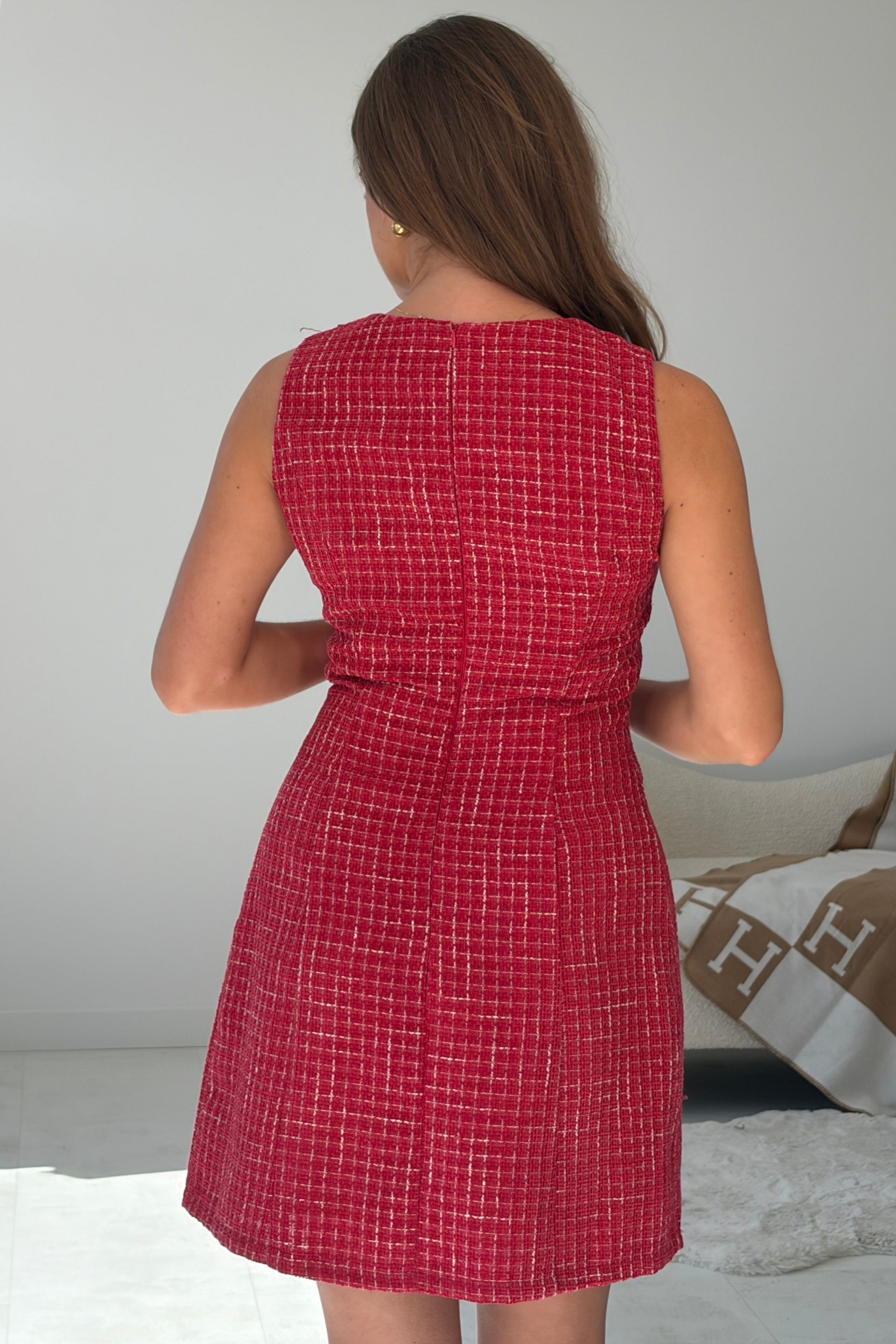 Pauline Tweed Gold button Mini Dress Red