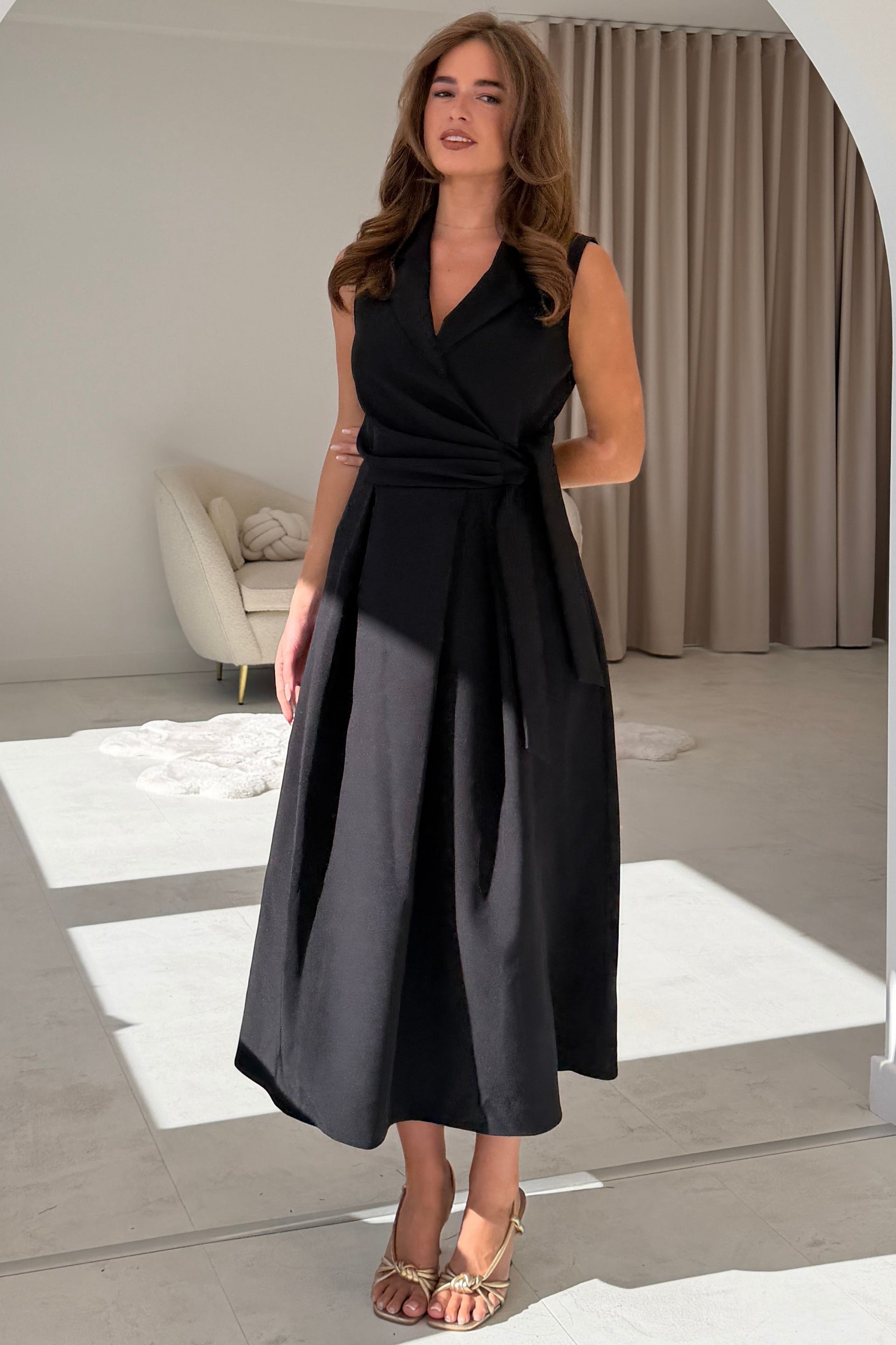 Kia Tie Detail Tailored Midi Dress Black
