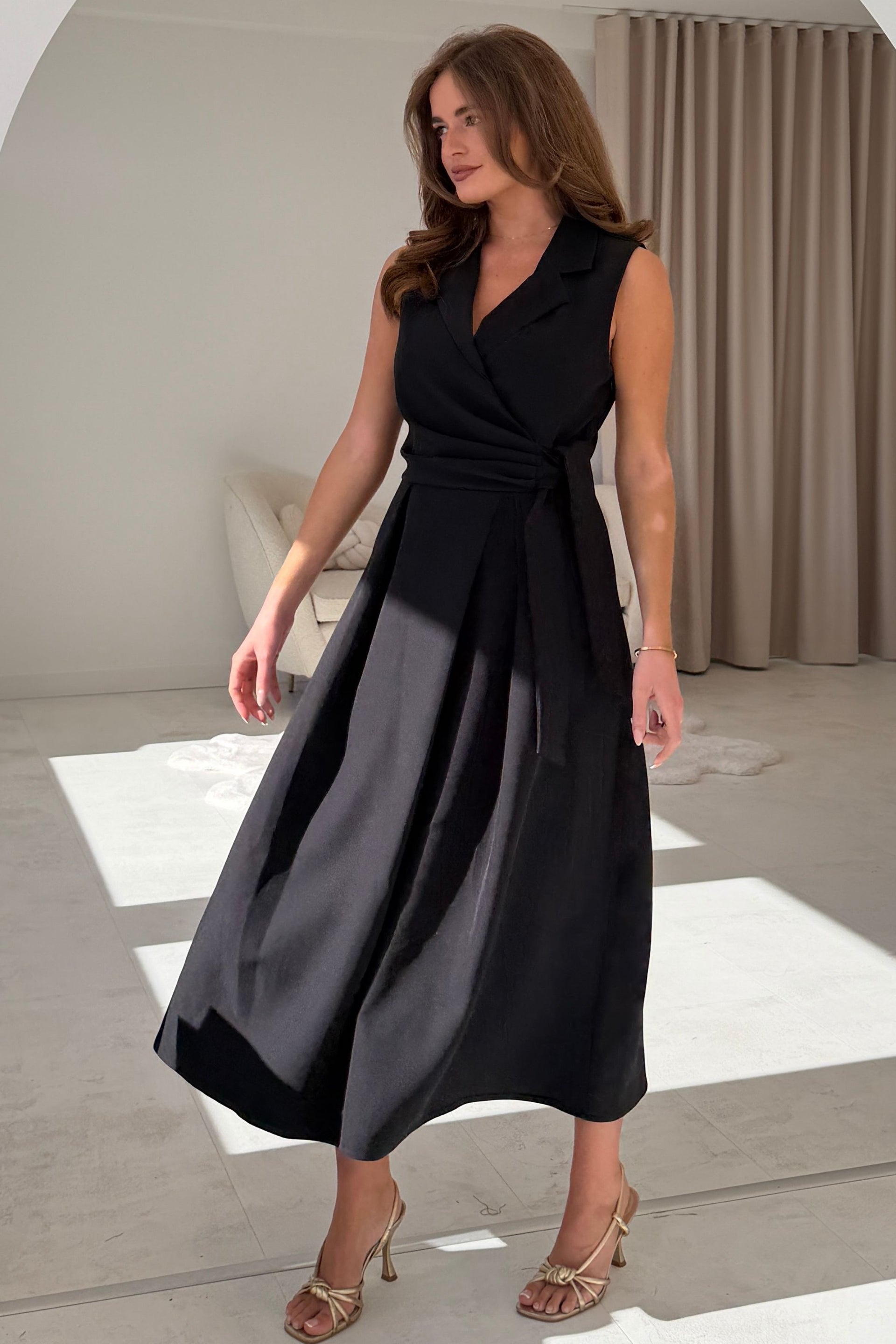 Kia Tie Detail Tailored Midi Dress Black