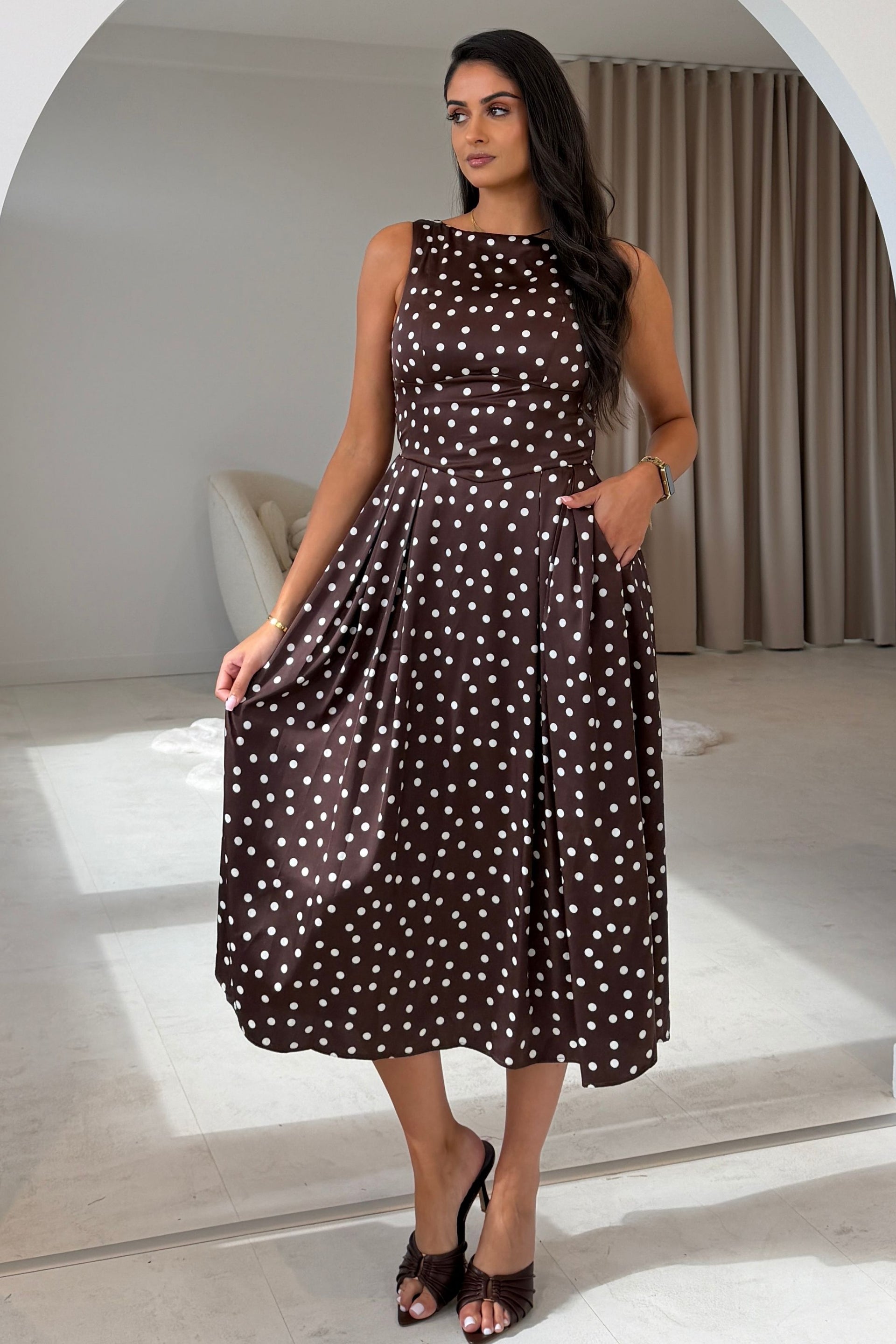 Mirelle Polka Print Midi Dress Brown