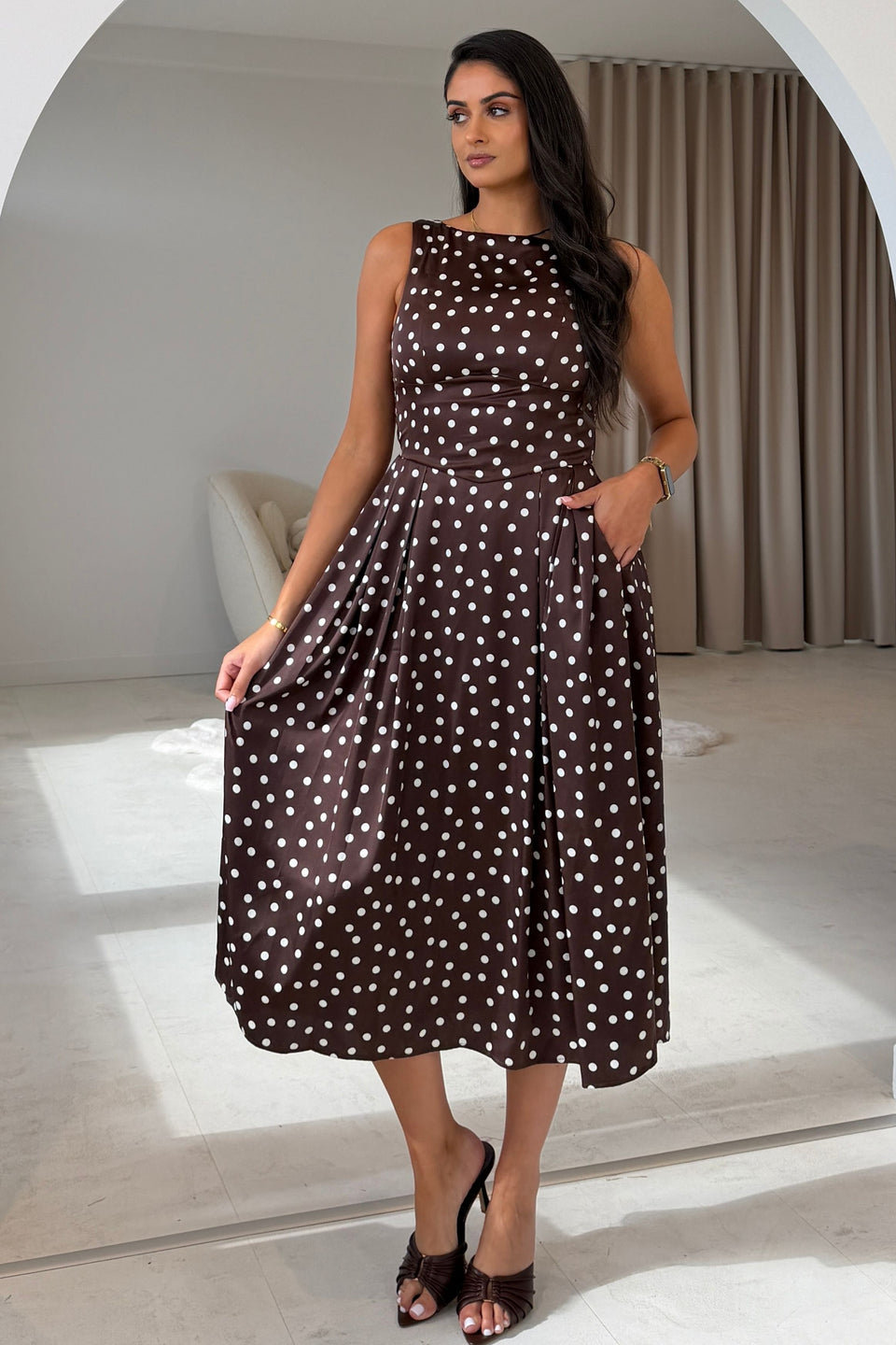 Mirelle Polka Print Midi Dress Brown