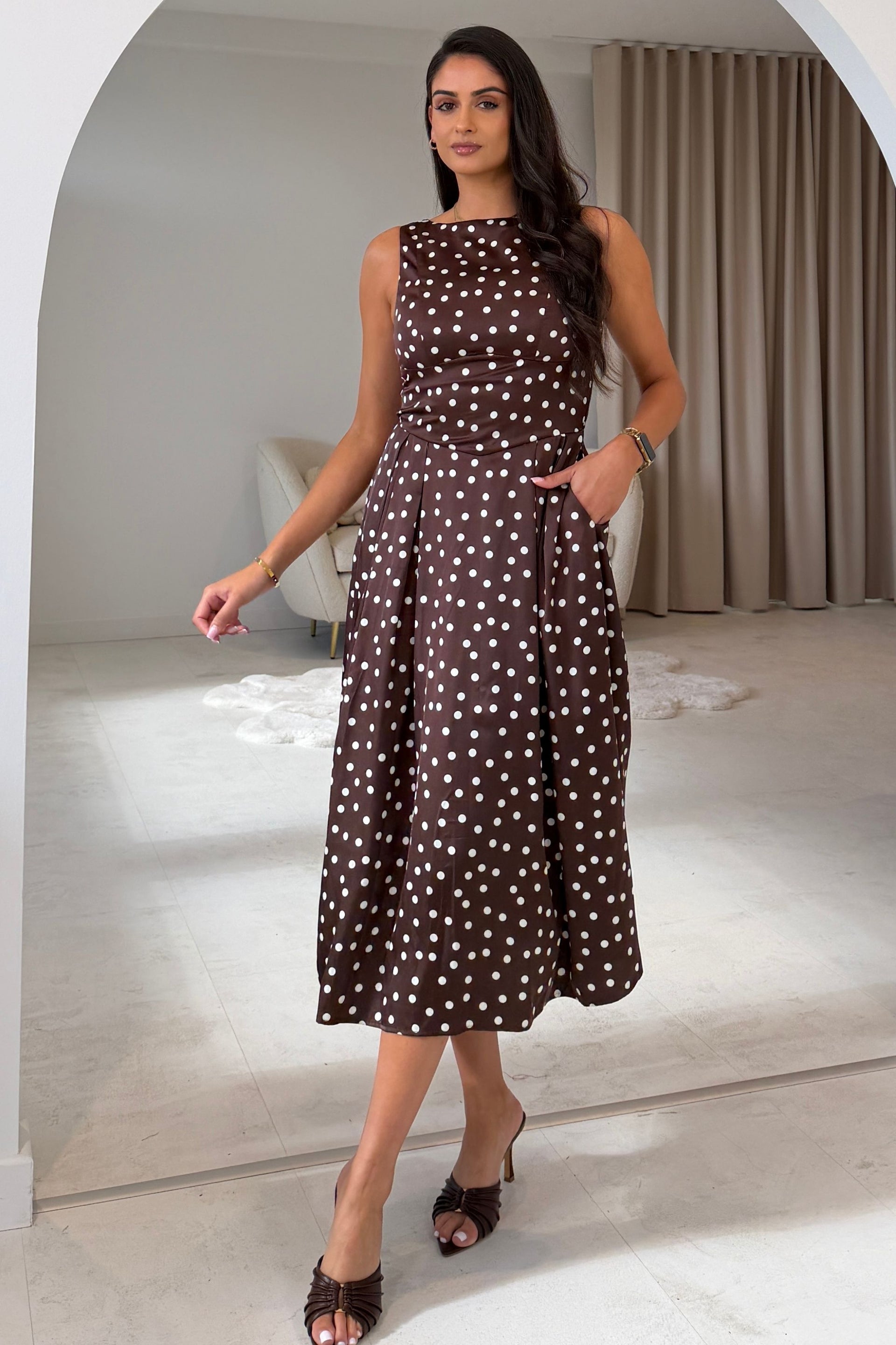 Mirelle Polka Print Midi Dress Brown