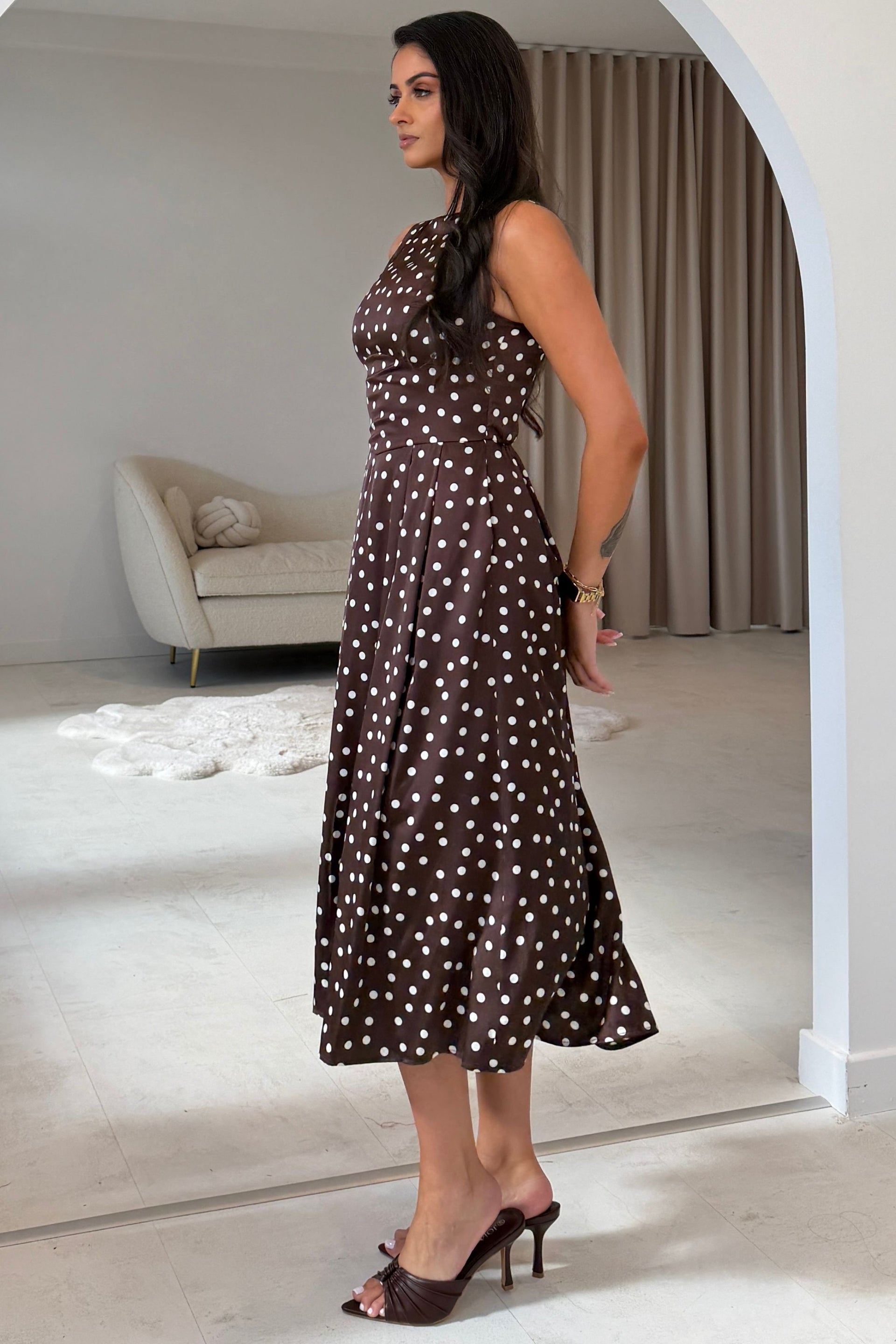 Mirelle Polka Print Midi Dress Brown
