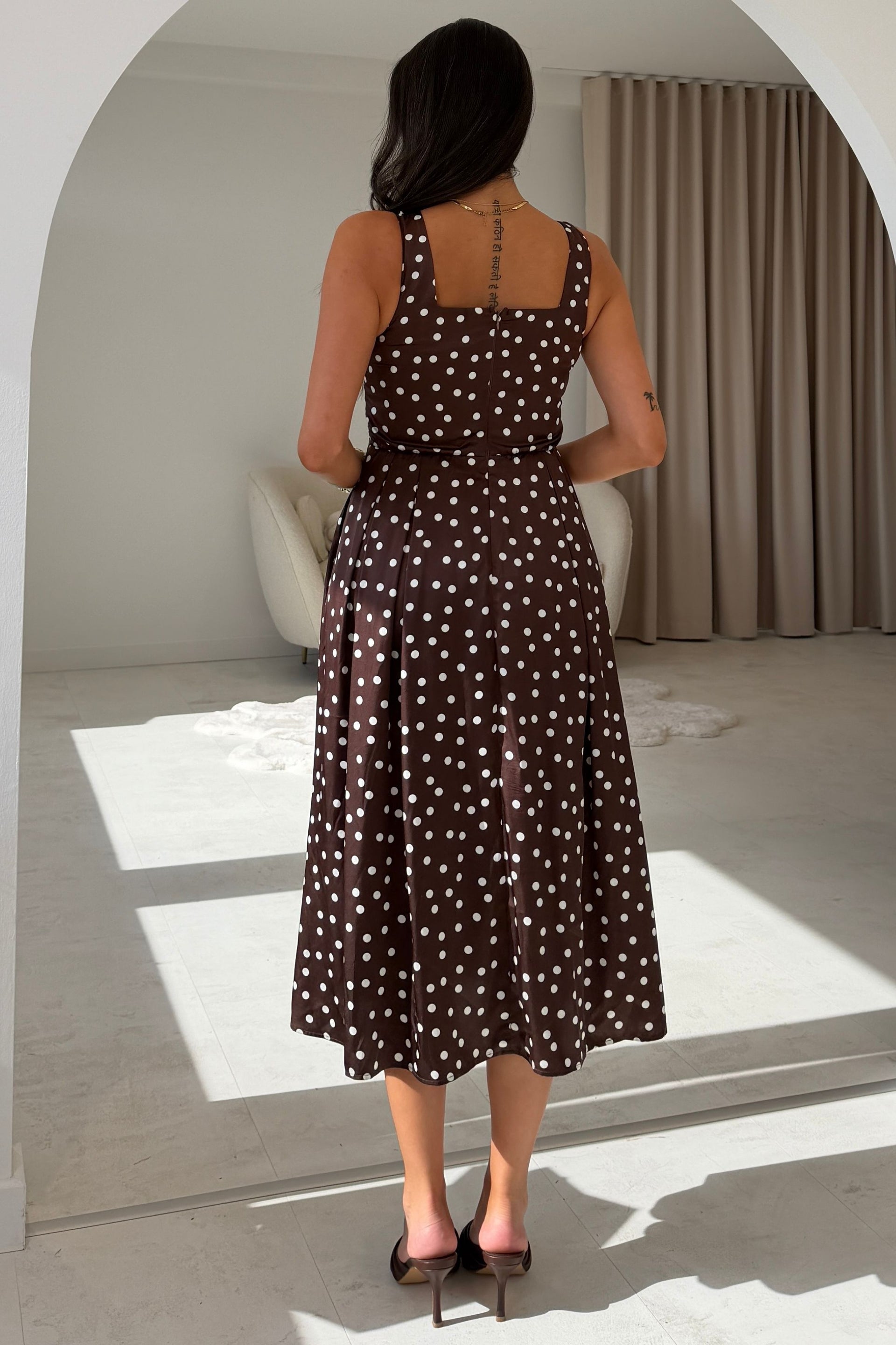 Mirelle Polka Print Midi Dress Brown