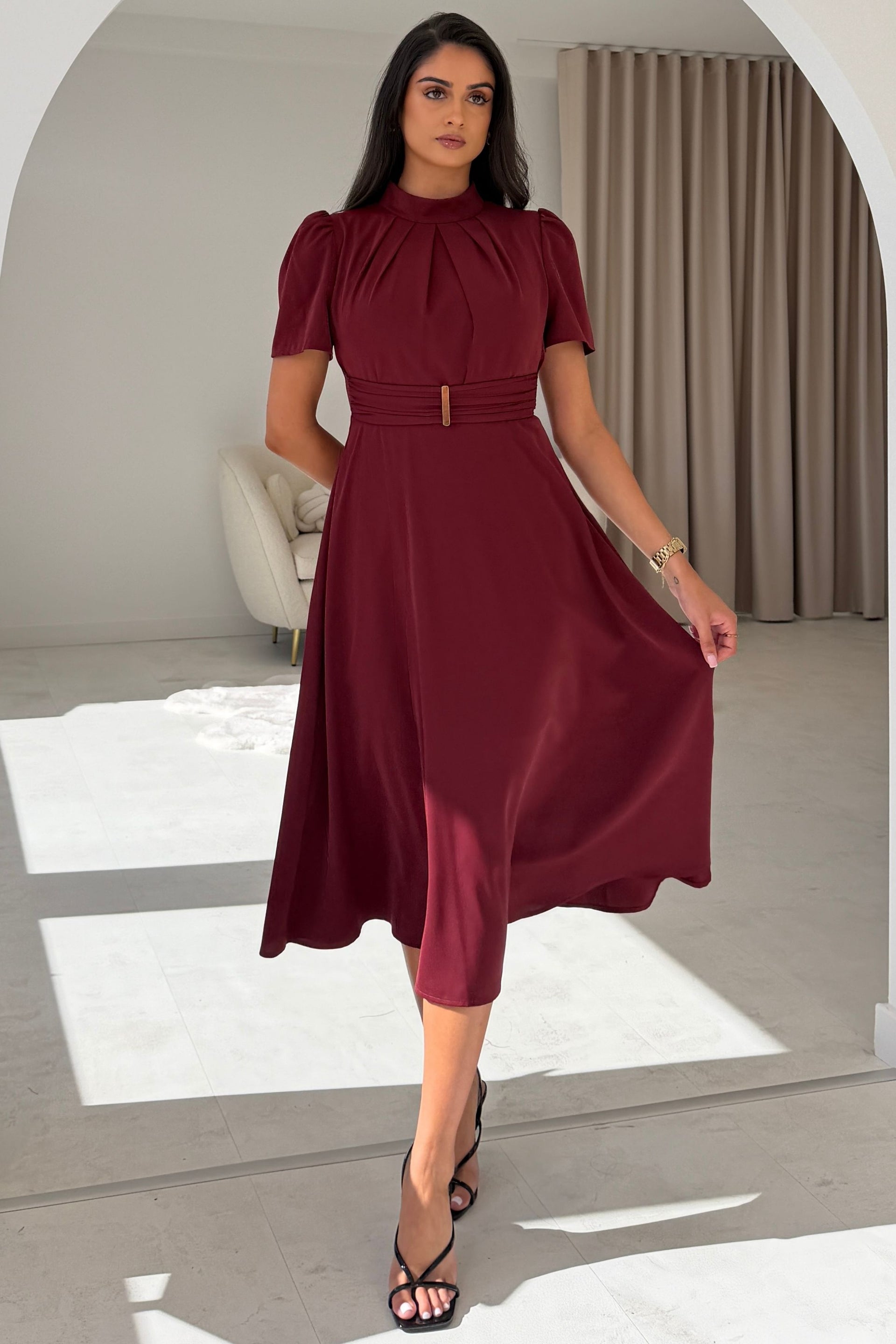 Narla Gold buckle Midi Dress Wine