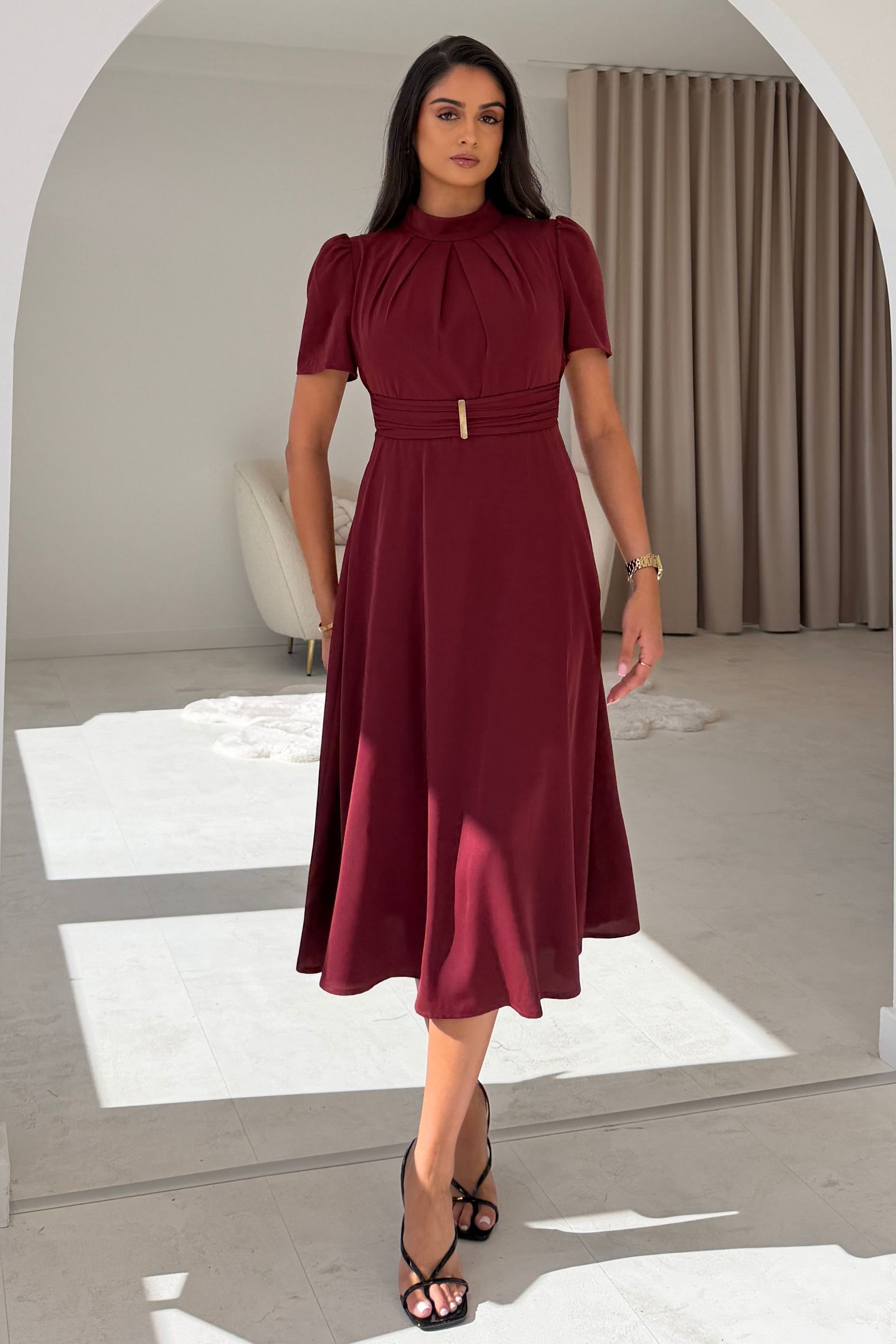 Narla Gold buckle Midi Dress Wine