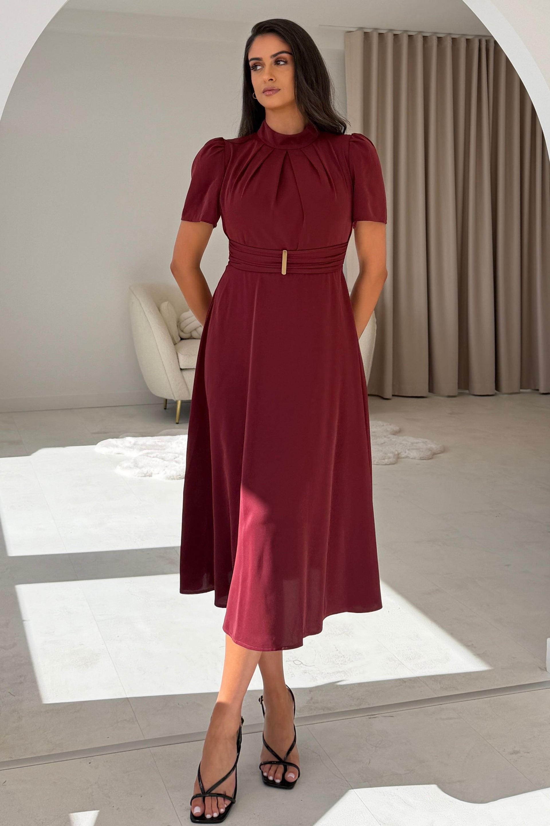 Narla Gold buckle Midi Dress Wine