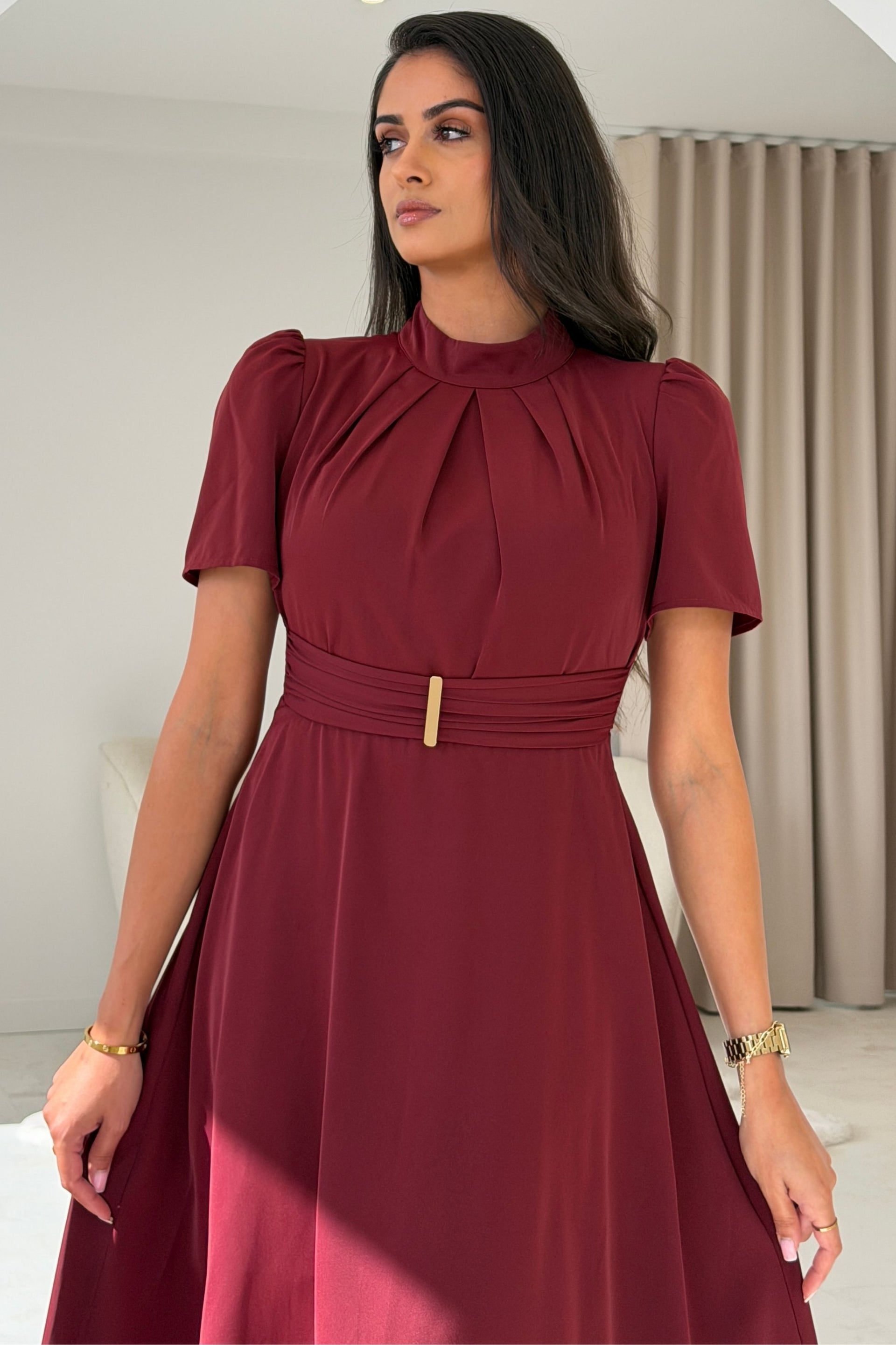 Narla Gold buckle Midi Dress Wine