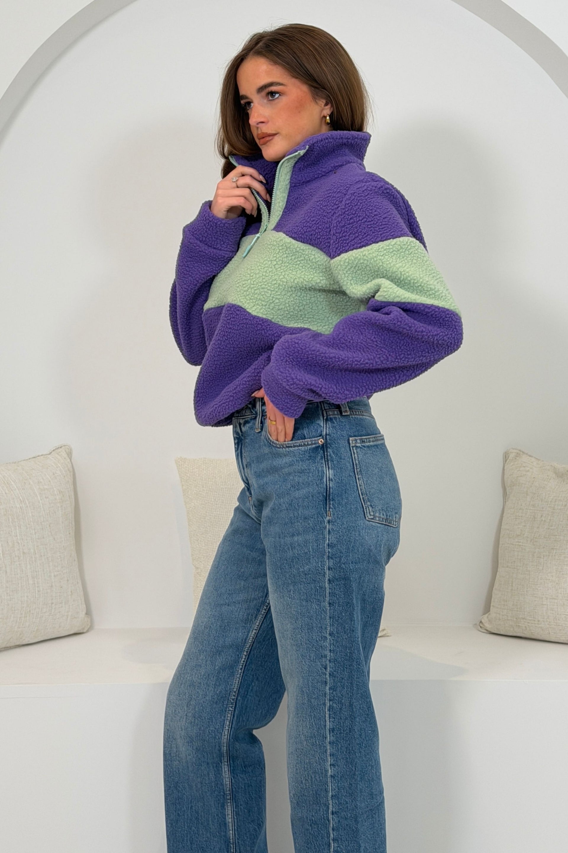 Beau 3/4  Zip Contrast Panel Fleece Purple
