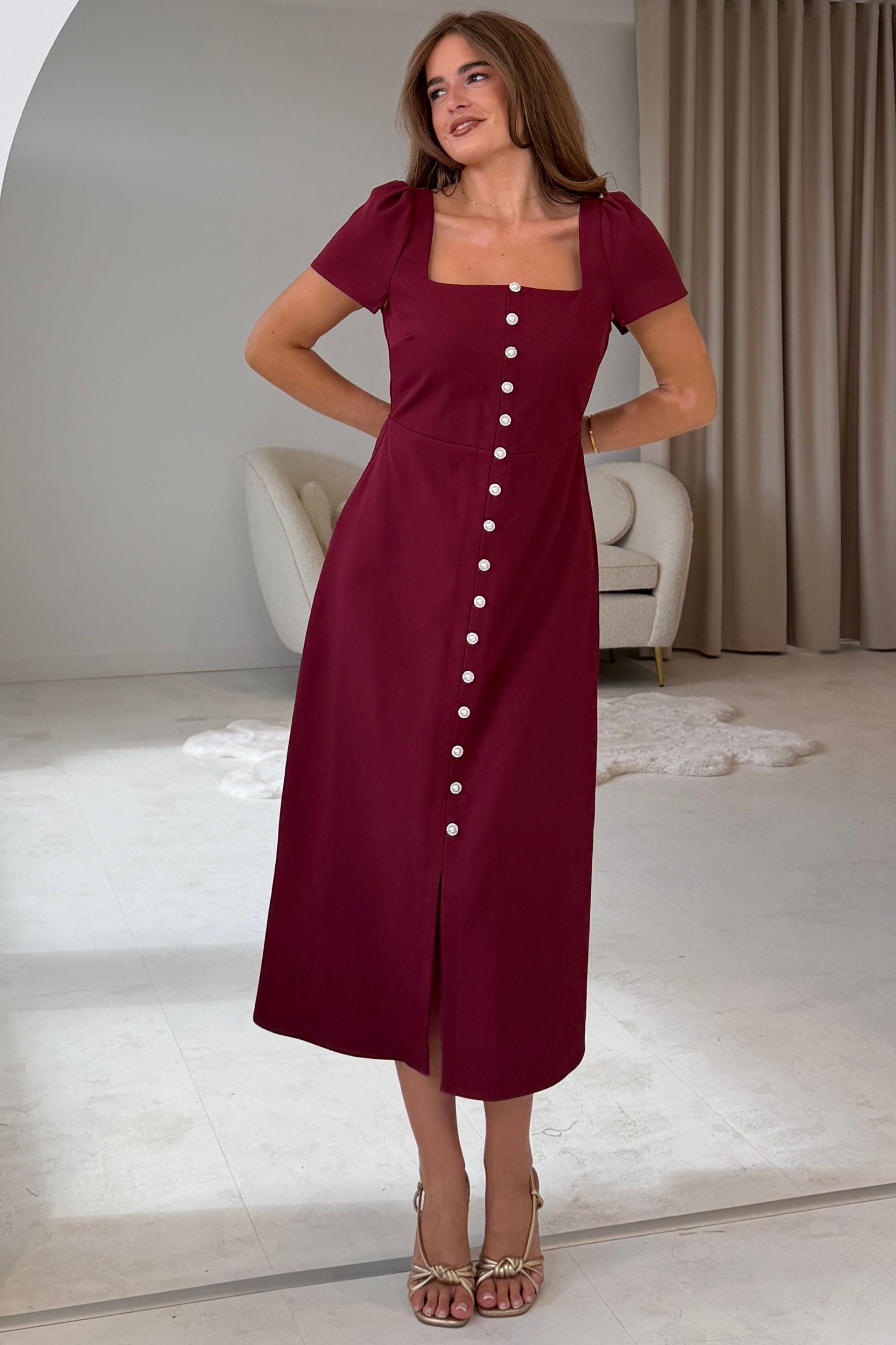 Aliya Pearl Button Midi Dress Wine