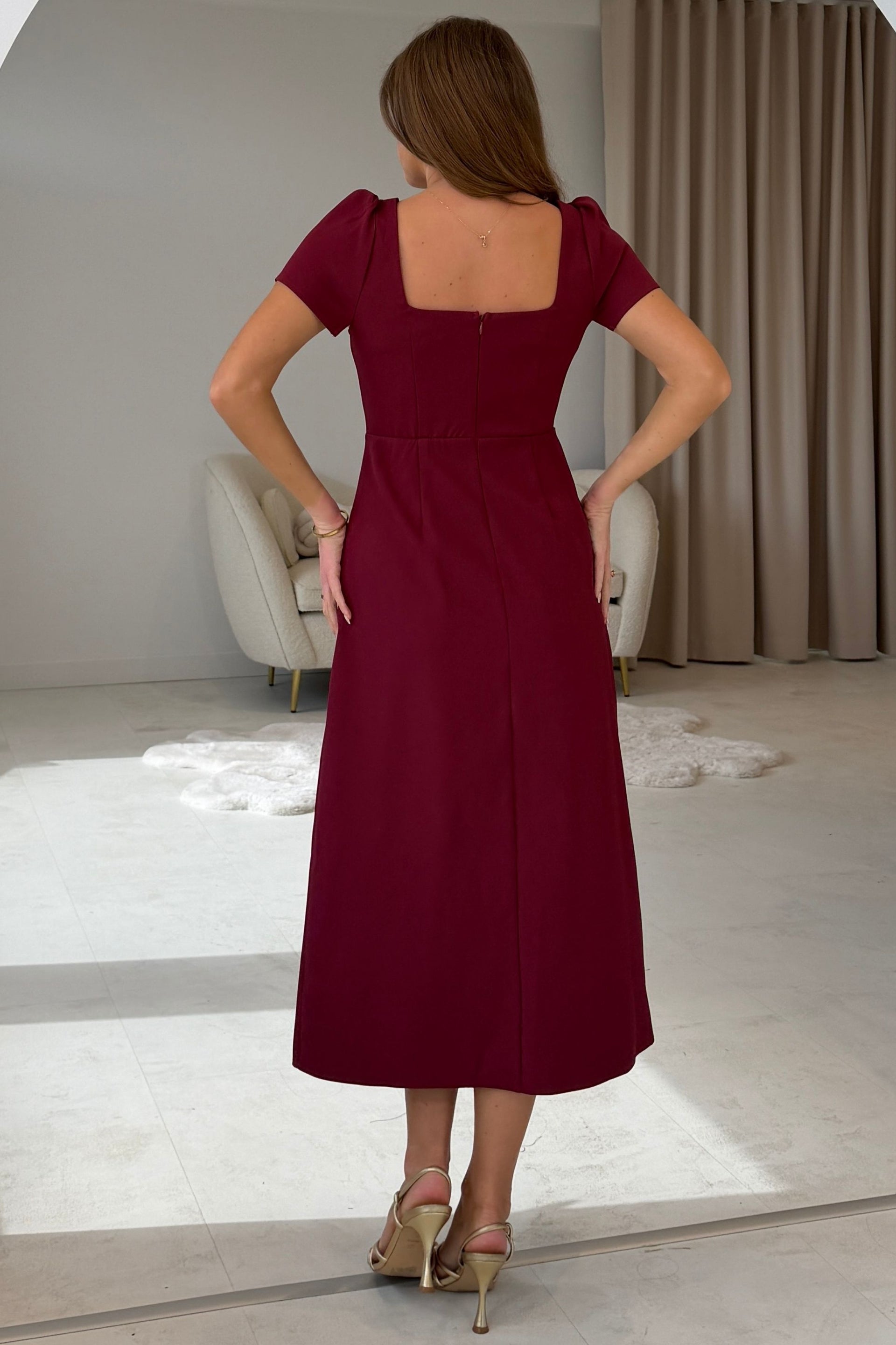 Aliya Pearl Button Midi Dress Wine
