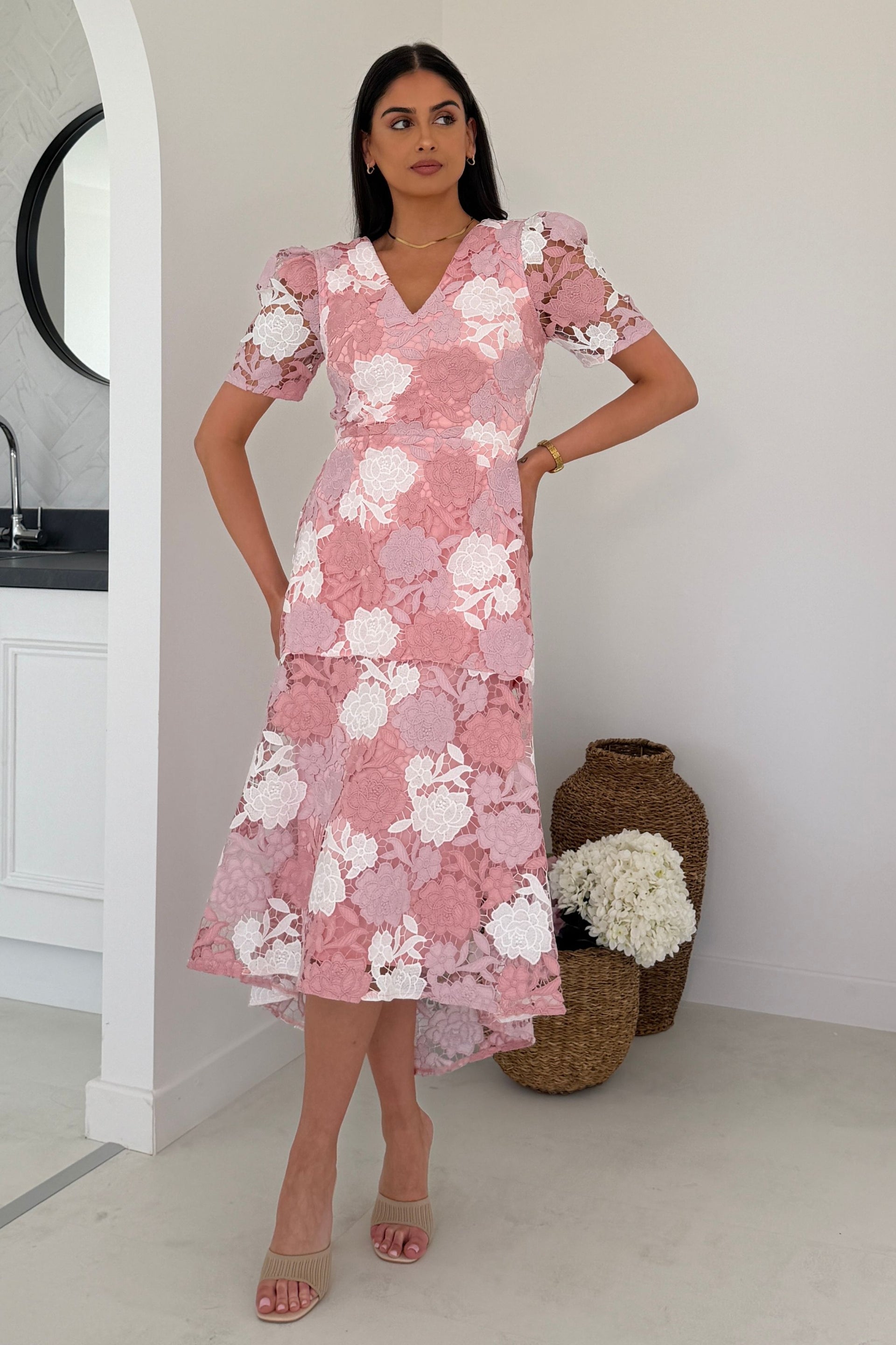 Myrtle V Neck A Line Floral Pastel Lace Midi Dress Pink