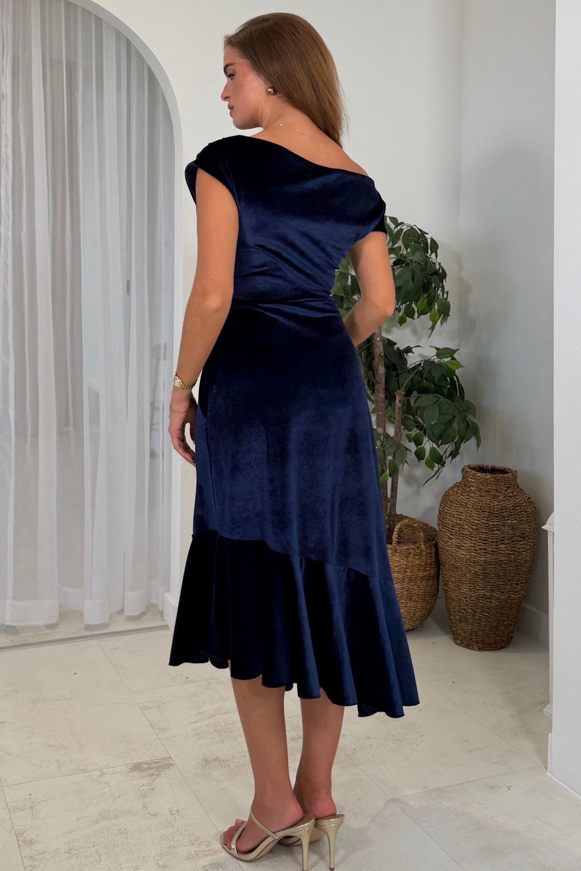 Felicity Asymmetric Frill Midi Dress Navy Velvet