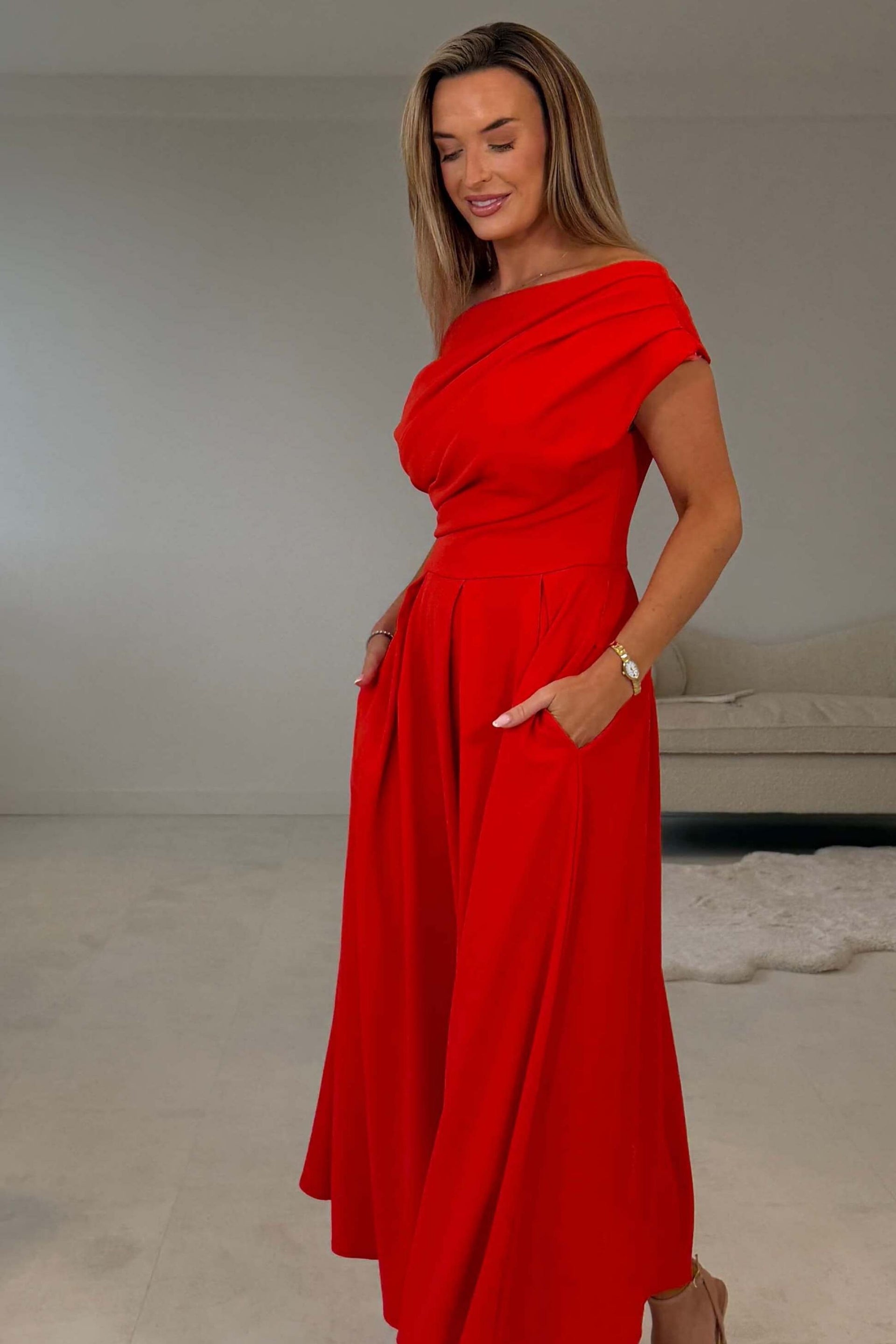 Dollie Asymmetric Neckline Skater Midi Dress Red