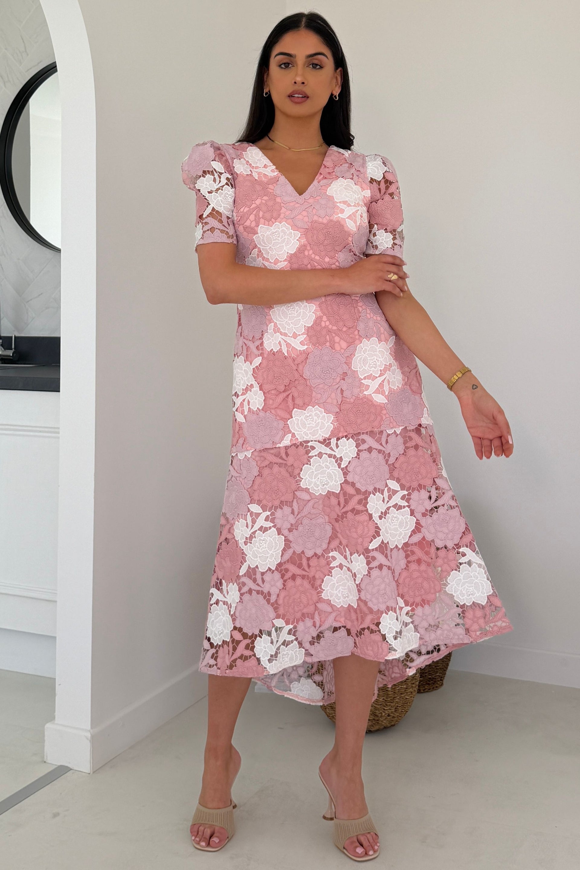 pastel midi dress Myrtle V Neck A Line Floral Pastel Lace Midi Dress Pink – Girl In Mind