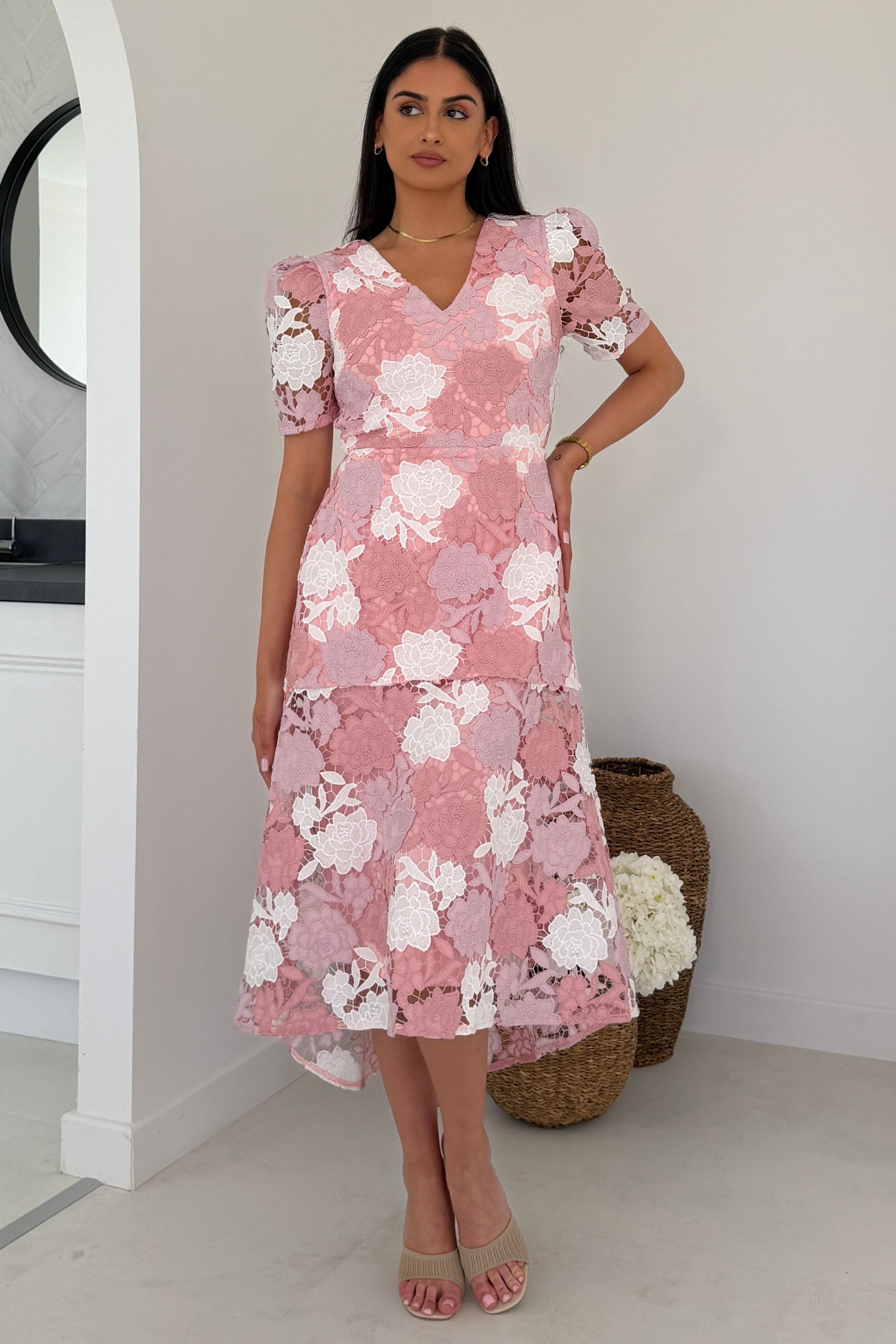 Myrtle V Neck A Line Floral Pastel Lace Midi Dress Pink