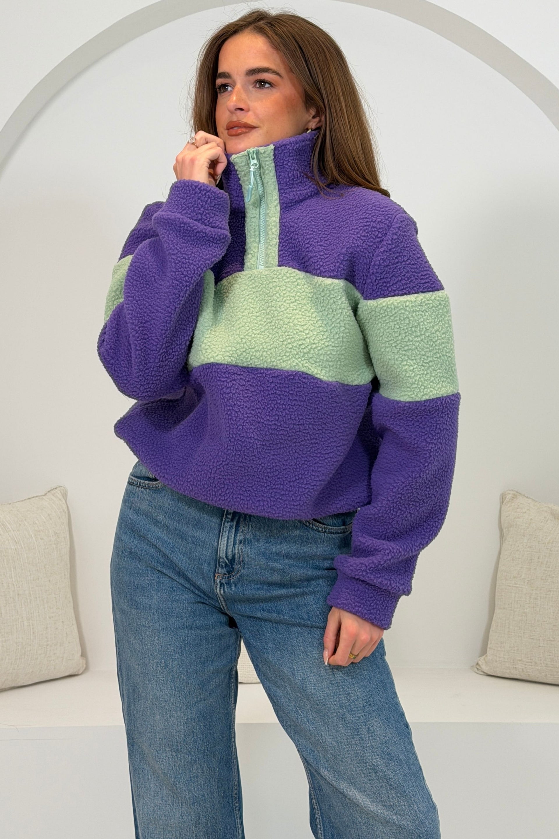 Beau 3/4  Zip Contrast Panel Fleece Purple