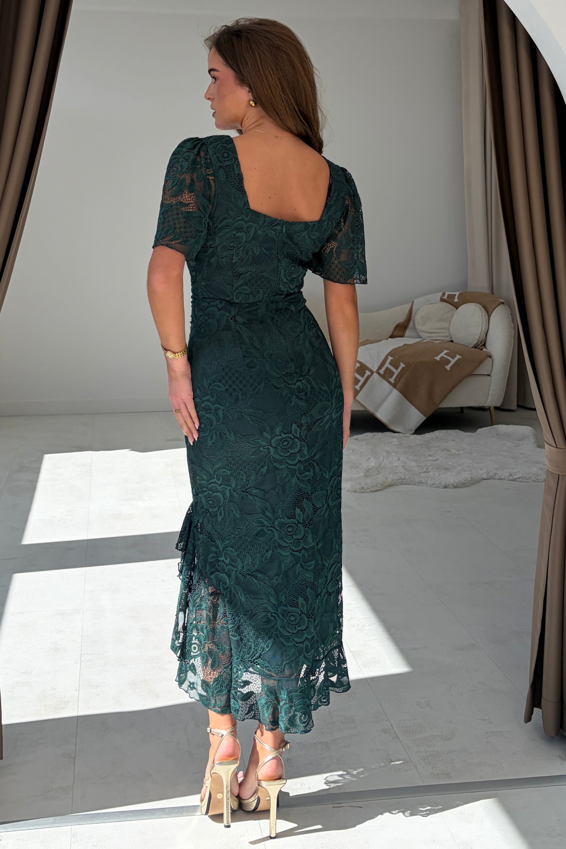 Heidi Green Lace Ruched Midi Dress