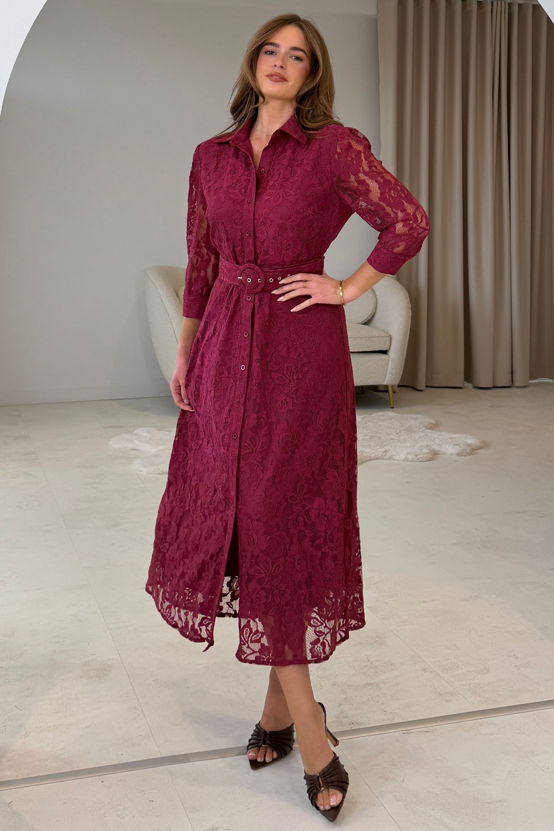 Tansy 3/4 Sleeve Lace Shirt Dress Wine